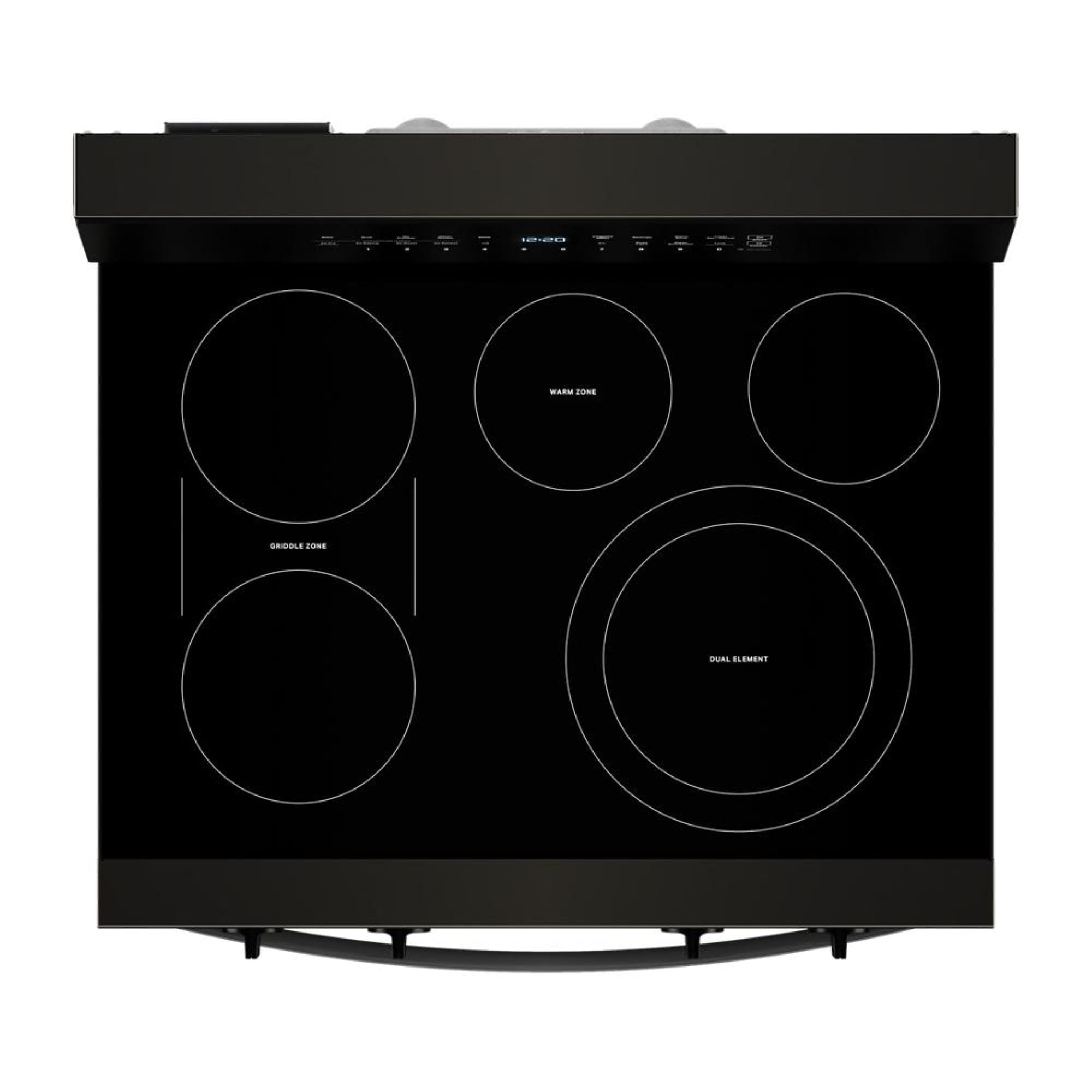 Estufa eléctrica independiente de 5 quemadores y horno de convección de 5.3 pies cúbicos con recubrimiento WipeClean en acero inoxidable negro de 30 pulgadas de alto rendimiento de precalentamiento rápido de Whirlpool.