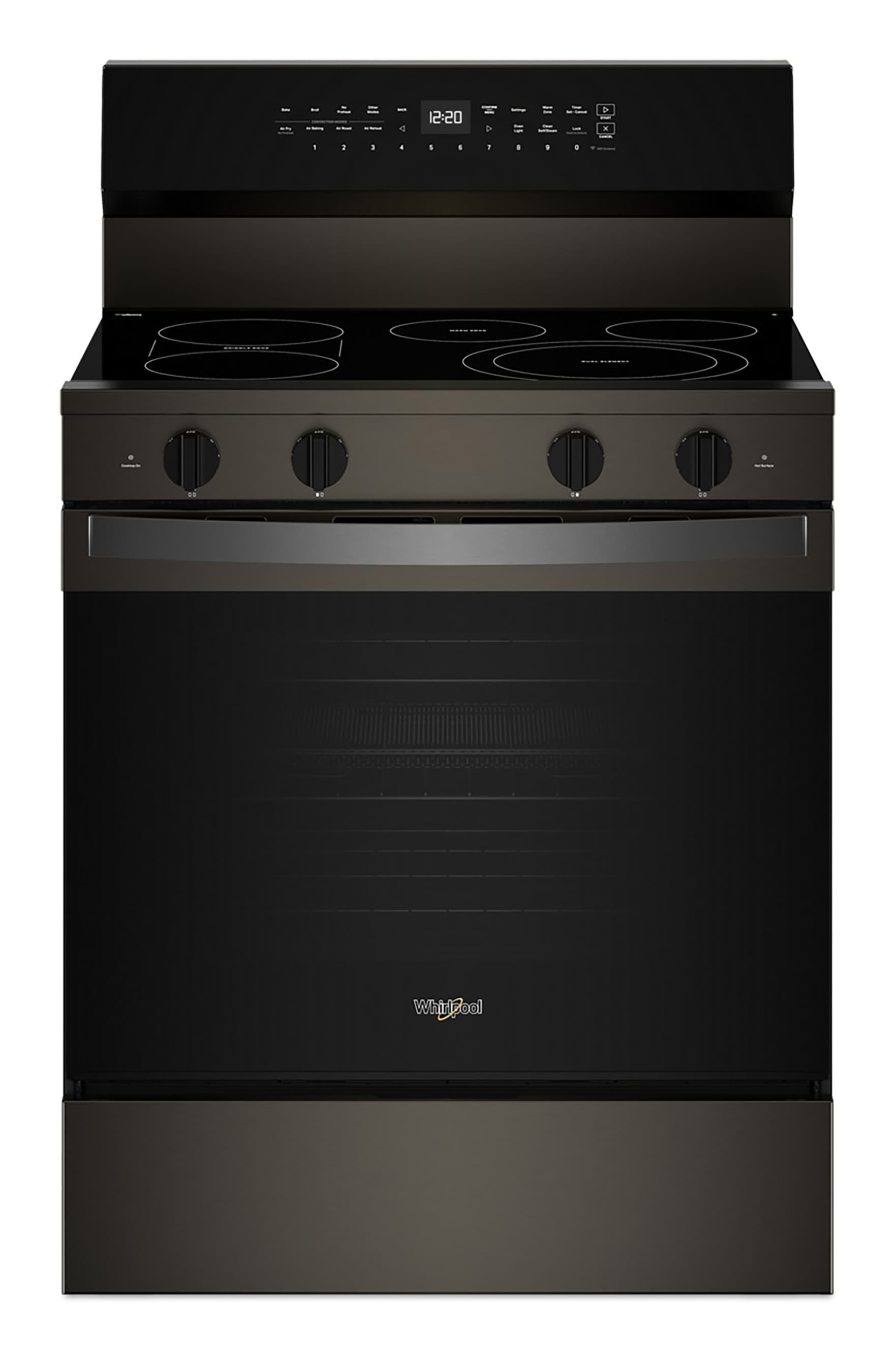 Estufa eléctrica independiente de 5 quemadores y horno de convección de 5.3 pies cúbicos con recubrimiento WipeClean en acero inoxidable negro de 30 pulgadas de alto rendimiento de precalentamiento rápido de Whirlpool.