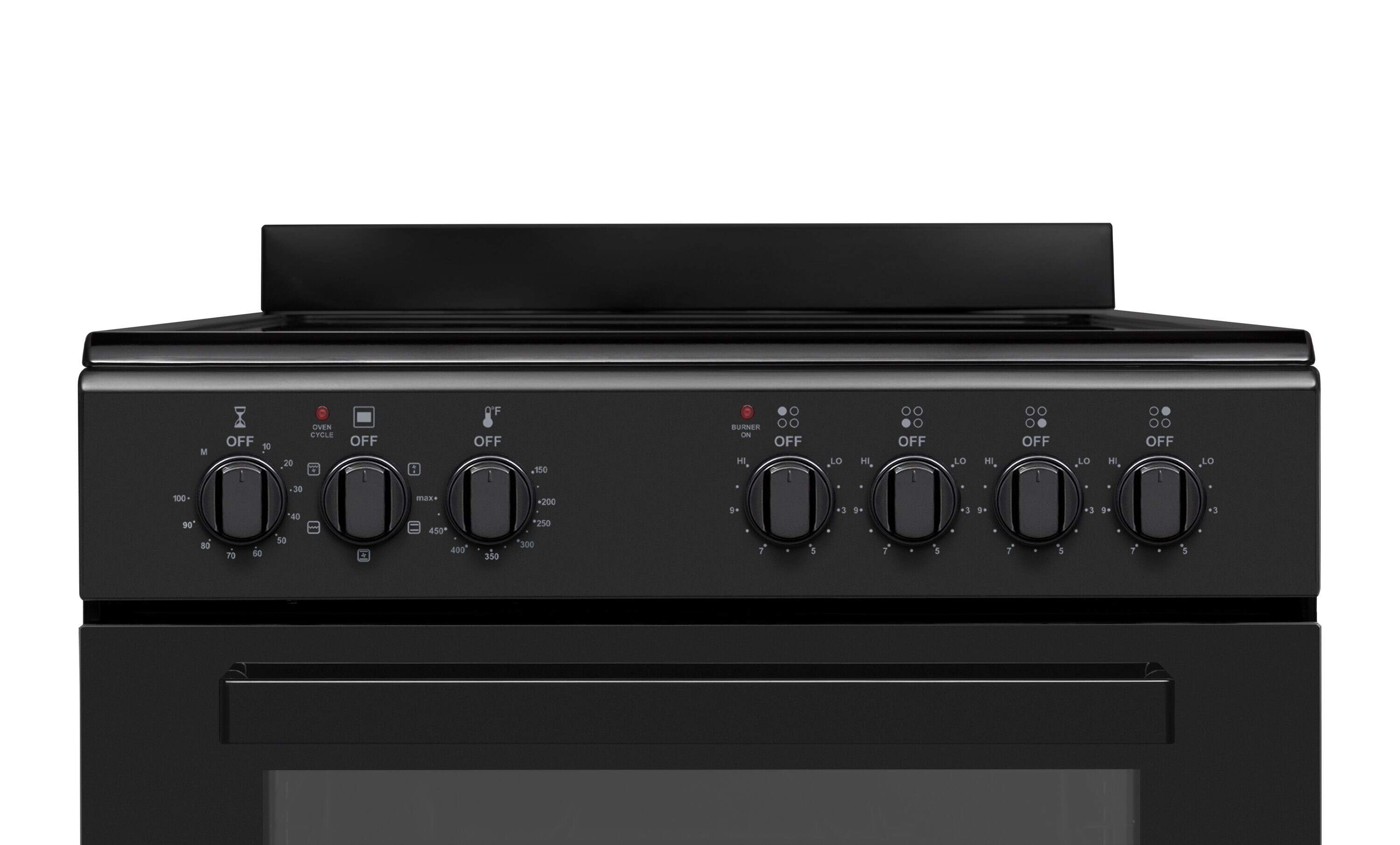 Estufa eléctrica independiente con horno de convección de 2.44 pies cúbicos, 4 quemadores y cubierta de vidrio de 24 pulgadas en negro premium.