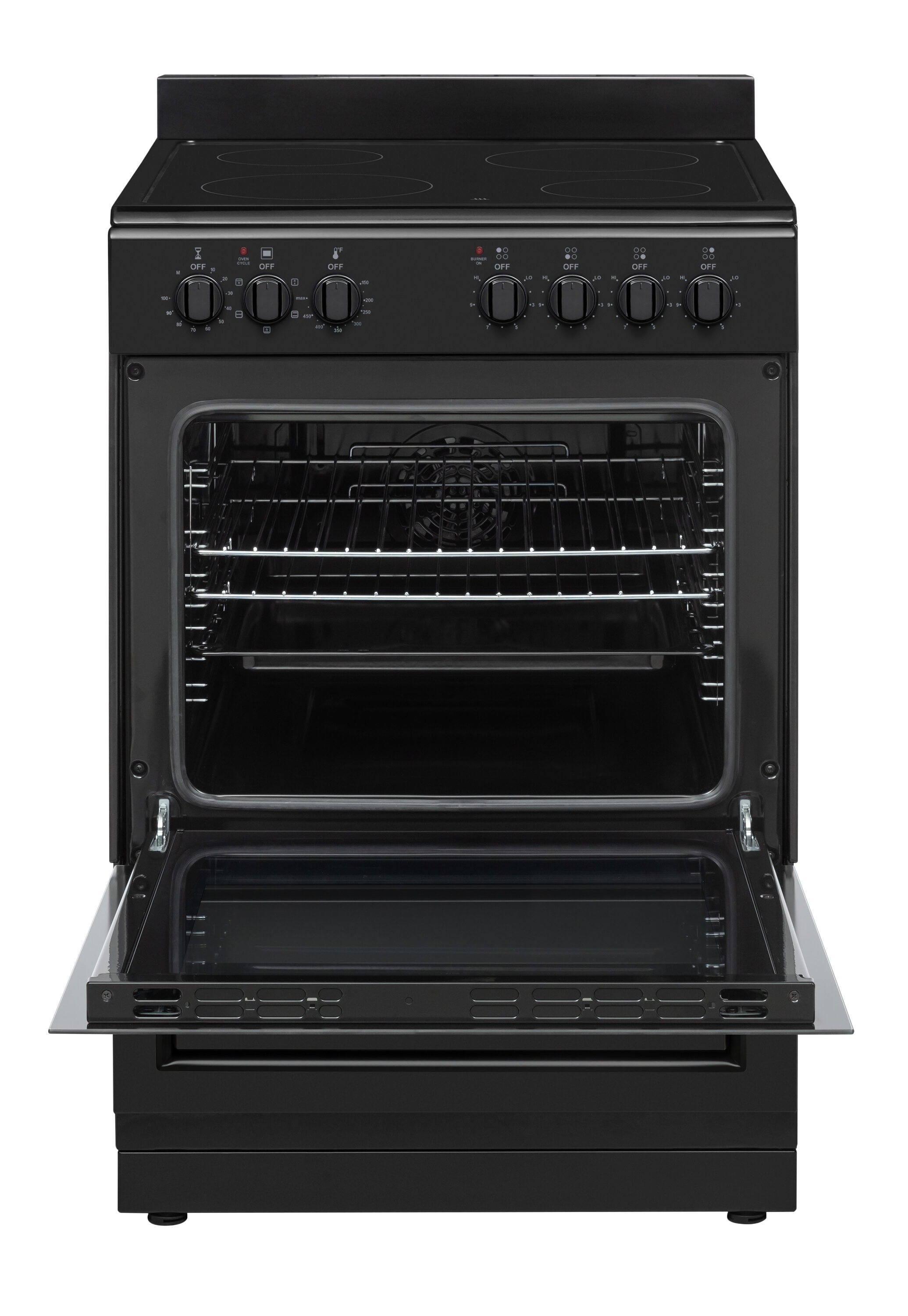 Estufa eléctrica independiente con horno de convección de 2.44 pies cúbicos, 4 quemadores y cubierta de vidrio de 24 pulgadas en negro premium.