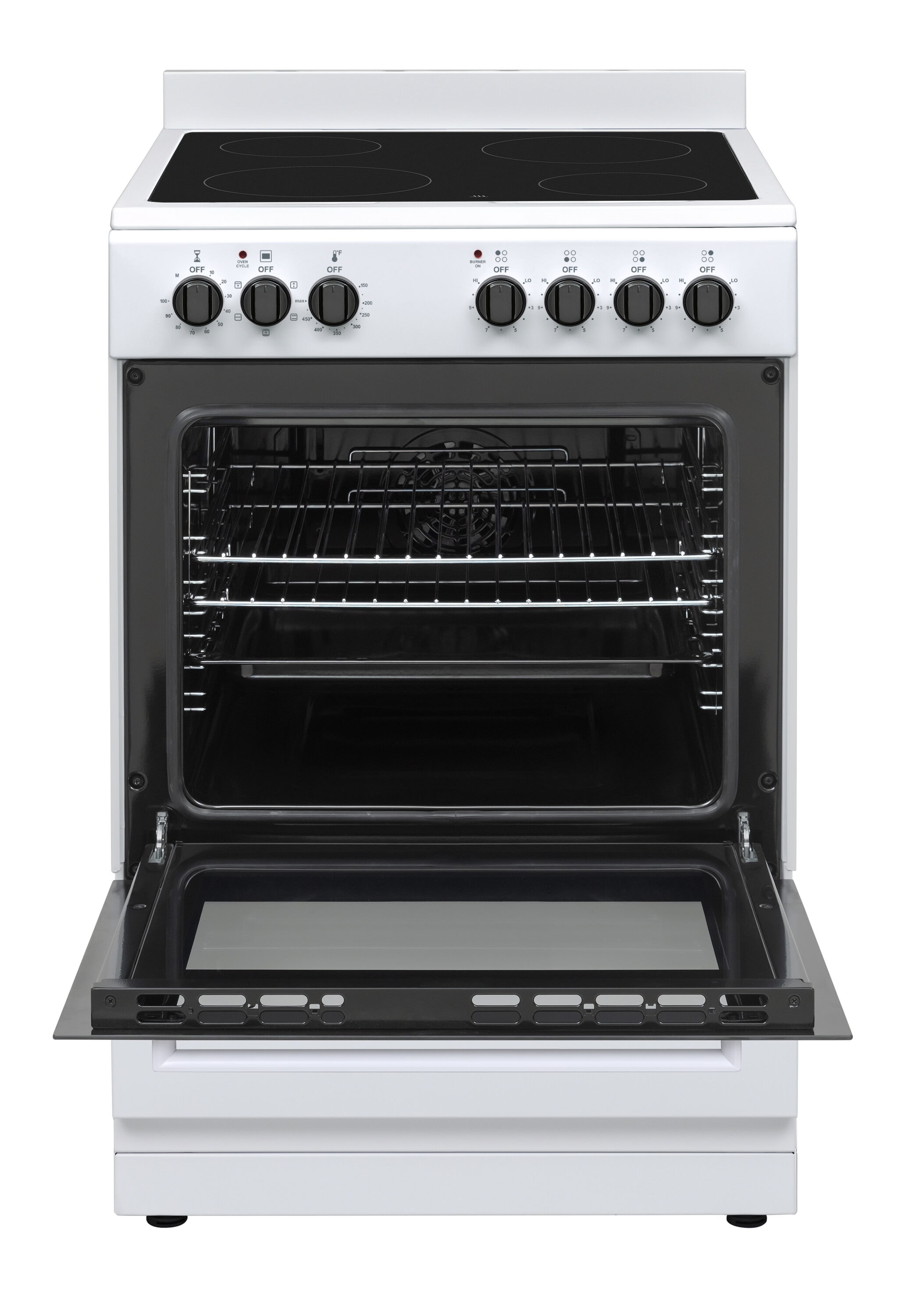 Estufa eléctrica independiente con horno de convección de 2.44 pies cúbicos, 4 quemadores y cubierta de vidrio de 24 pulgadas en color blanco. Premium Levella.