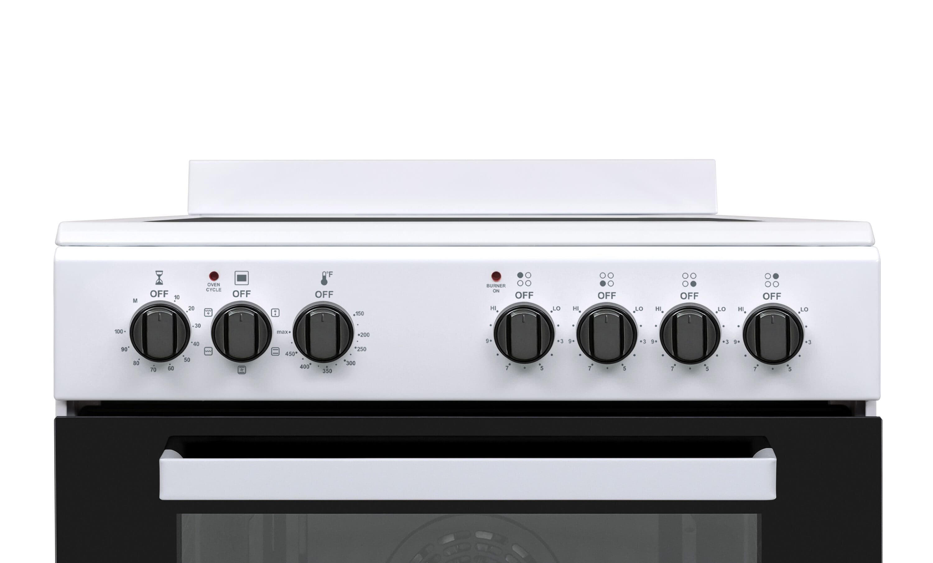 Estufa eléctrica independiente con horno de convección de 2.44 pies cúbicos, 4 quemadores y cubierta de vidrio de 24 pulgadas en color blanco. Premium Levella.