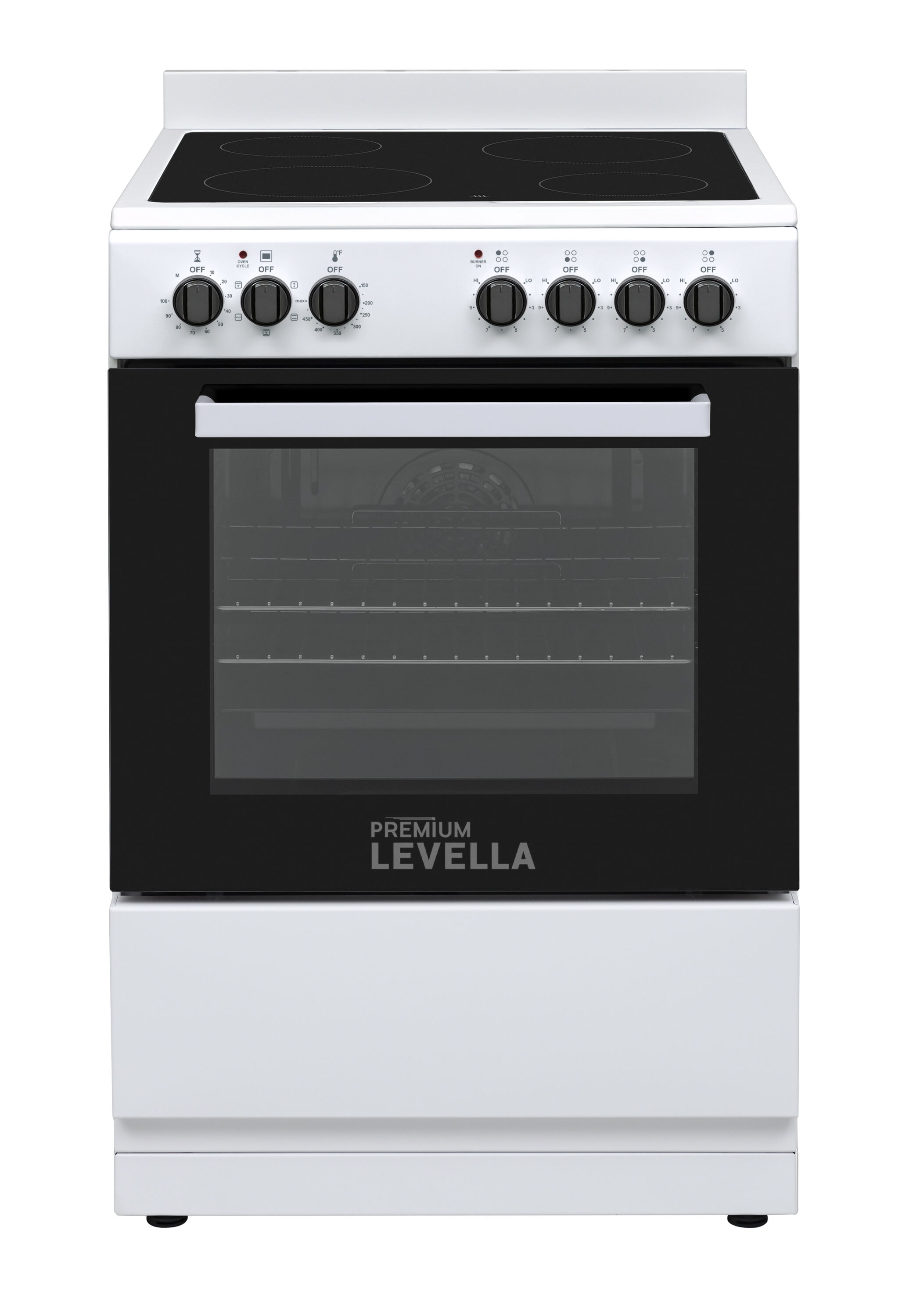 Estufa eléctrica independiente con horno de convección de 2.44 pies cúbicos, 4 quemadores y cubierta de vidrio de 24 pulgadas en color blanco. Premium Levella.