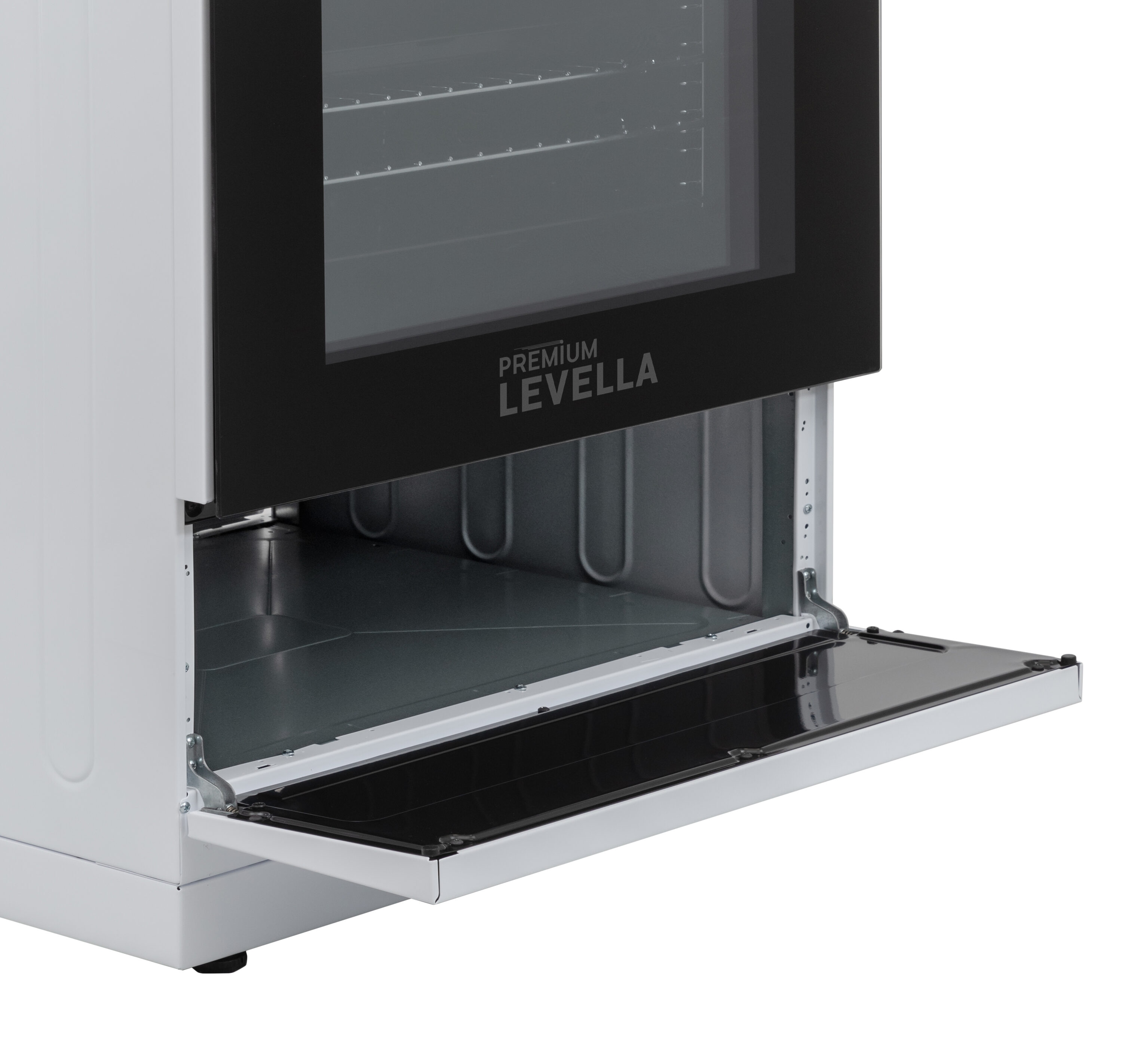 Estufa eléctrica independiente con horno de convección de 2.44 pies cúbicos, 4 quemadores y cubierta de vidrio de 24 pulgadas en color blanco. Premium Levella.