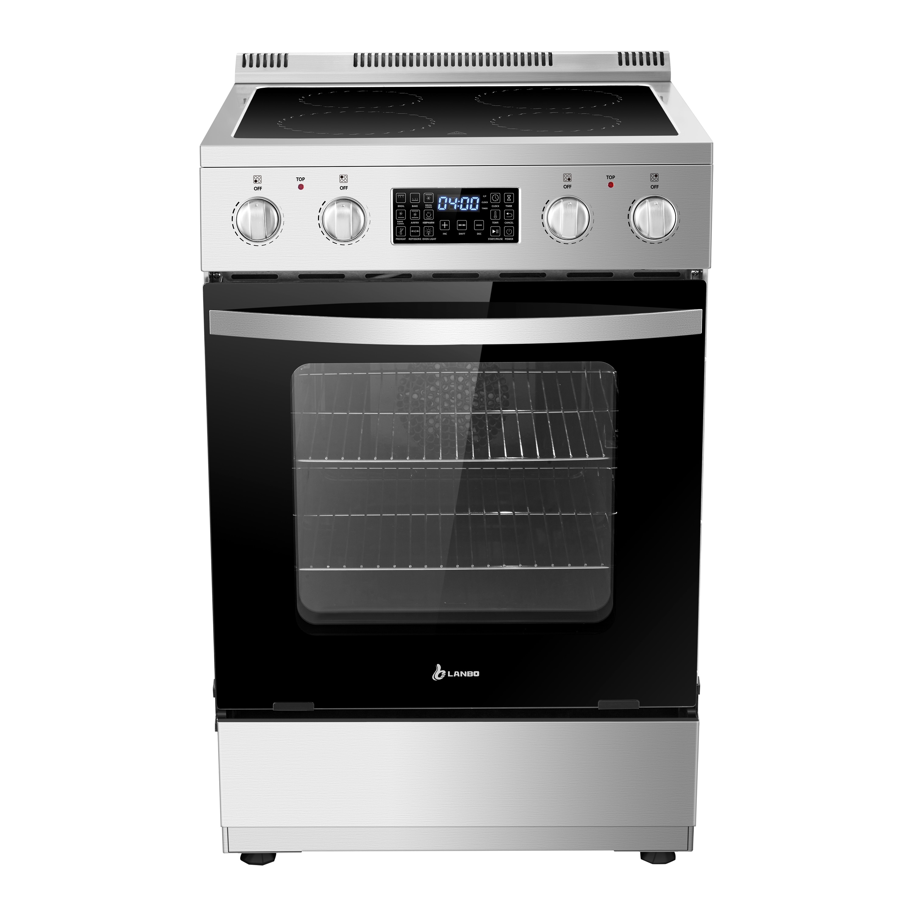 Estufa Eléctrica de Pie con Horno de Convección de Freír al Aire y 4 Quemadores con Cubierta de Vidrio de 24 pulgadas - Acero Inoxidable