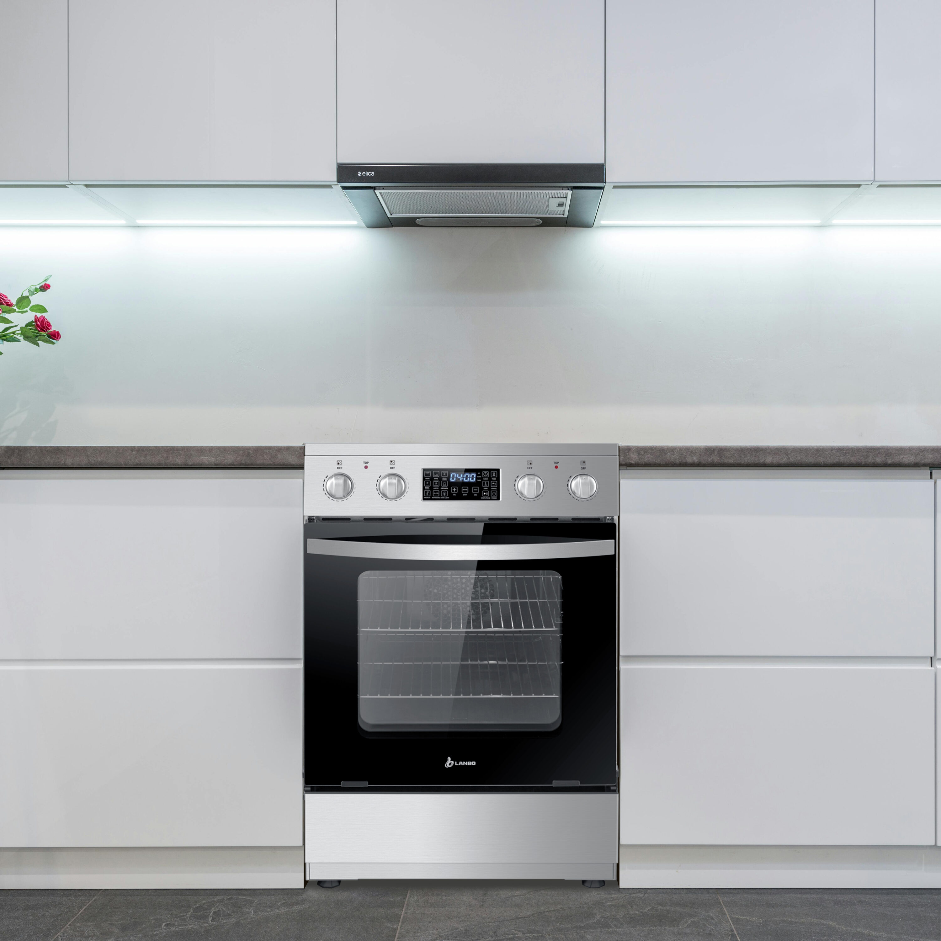 Estufa Eléctrica de Pie con Horno de Convección de Freír al Aire y 4 Quemadores con Cubierta de Vidrio de 24 pulgadas - Acero Inoxidable