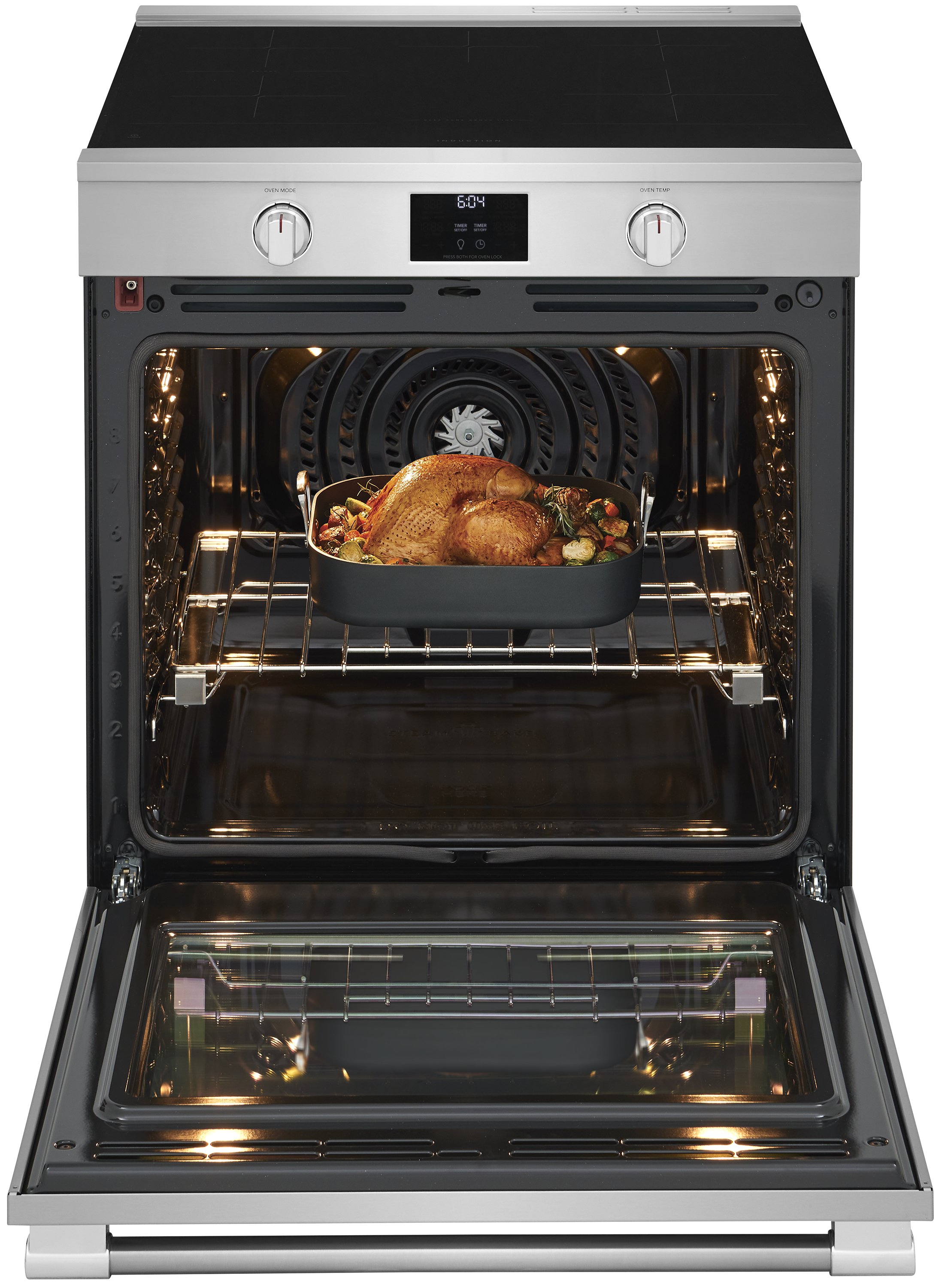 Estufa de Inducción Deslizable Profesional Frigidaire de 30 pulgadas con 5 quemadores, horno de convección de aire frito de 6.2 pies cúbicos (Acero inoxidable resistente a manchas) PCFI3080AF