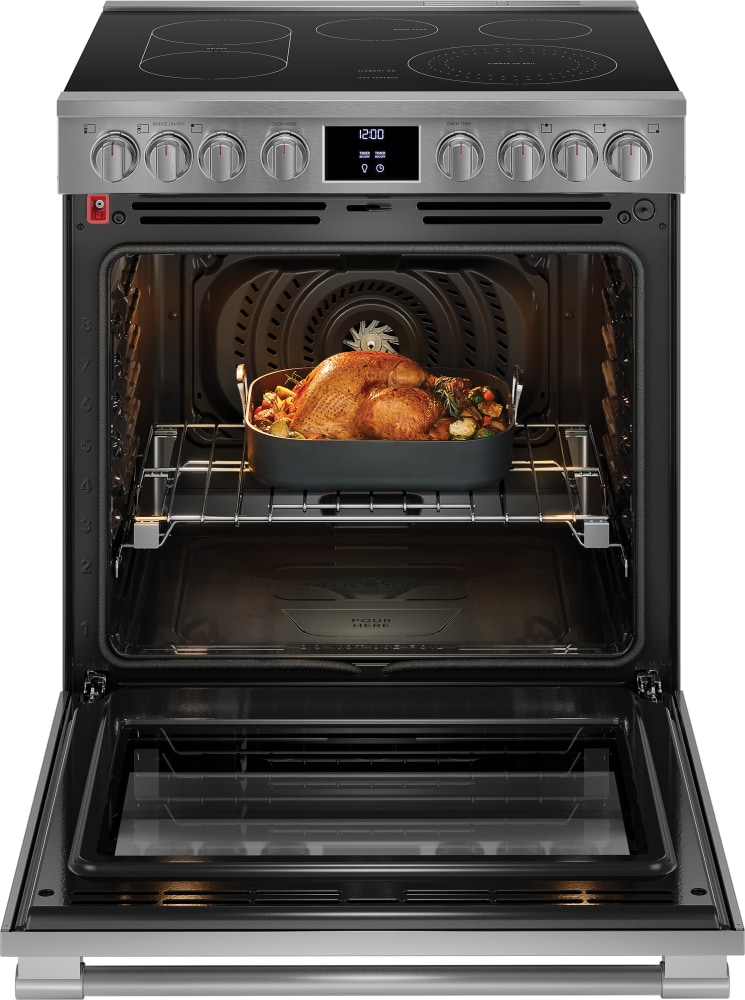 Estufa eléctrica deslizable con horno de convección de aire frito y limpiador de superficie en acero inoxidable a prueba de huellas dactilares de 30 pulgadas con 5 quemadores y 6.2 pies cúbicos de capacidad.