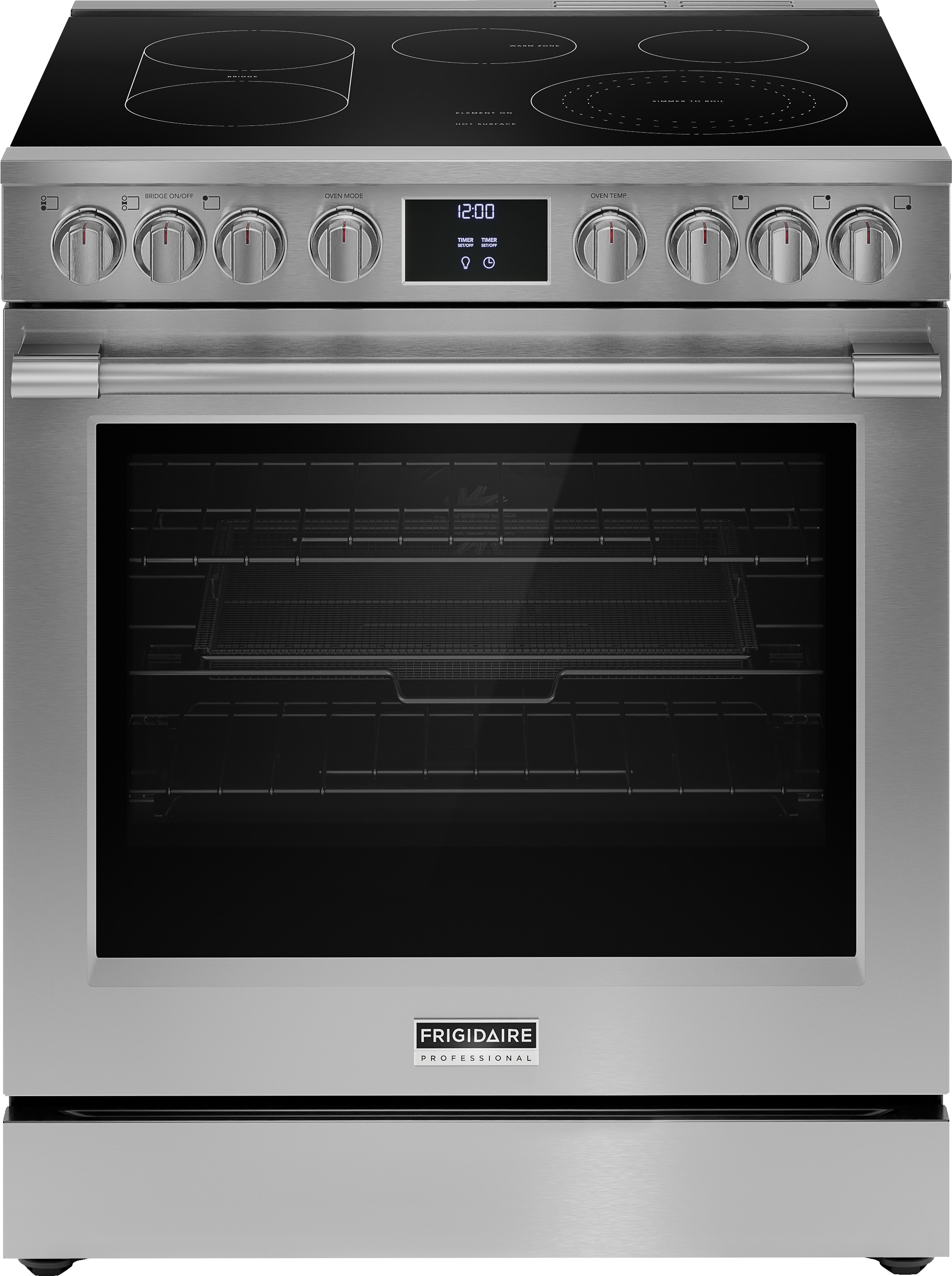 Estufa eléctrica deslizable con horno de convección de aire frito y limpiador de superficie en acero inoxidable a prueba de huellas dactilares de 30 pulgadas con 5 quemadores y 6.2 pies cúbicos de capacidad.