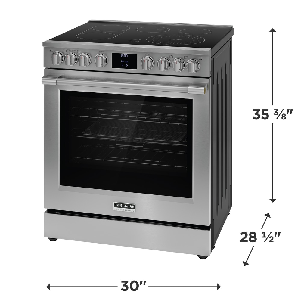 Estufa eléctrica deslizable con horno de convección de aire frito y limpiador de superficie en acero inoxidable a prueba de huellas dactilares de 30 pulgadas con 5 quemadores y 6.2 pies cúbicos de capacidad.
