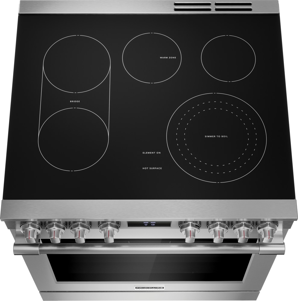 Estufa eléctrica deslizable con horno de convección de aire frito y limpiador de superficie en acero inoxidable a prueba de huellas dactilares de 30 pulgadas con 5 quemadores y 6.2 pies cúbicos de capacidad.