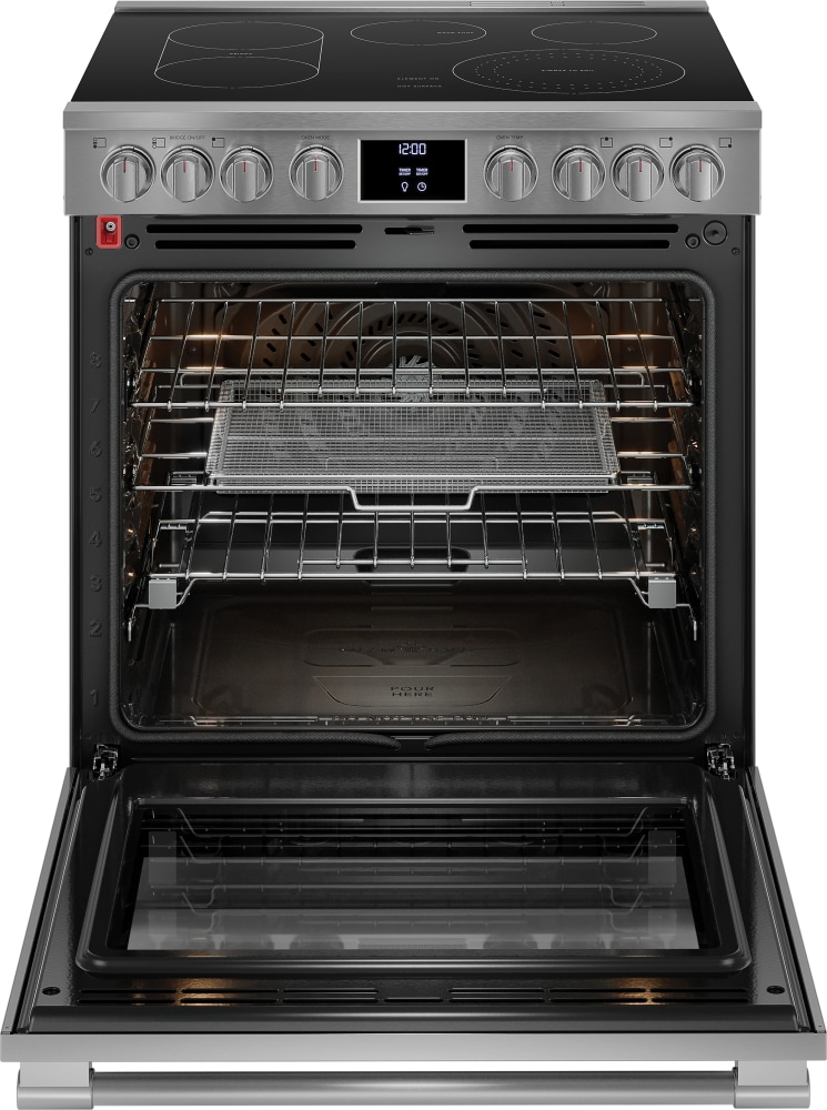 Estufa eléctrica deslizable con horno de convección de aire frito y limpiador de superficie en acero inoxidable a prueba de huellas dactilares de 30 pulgadas con 5 quemadores y 6.2 pies cúbicos de capacidad.