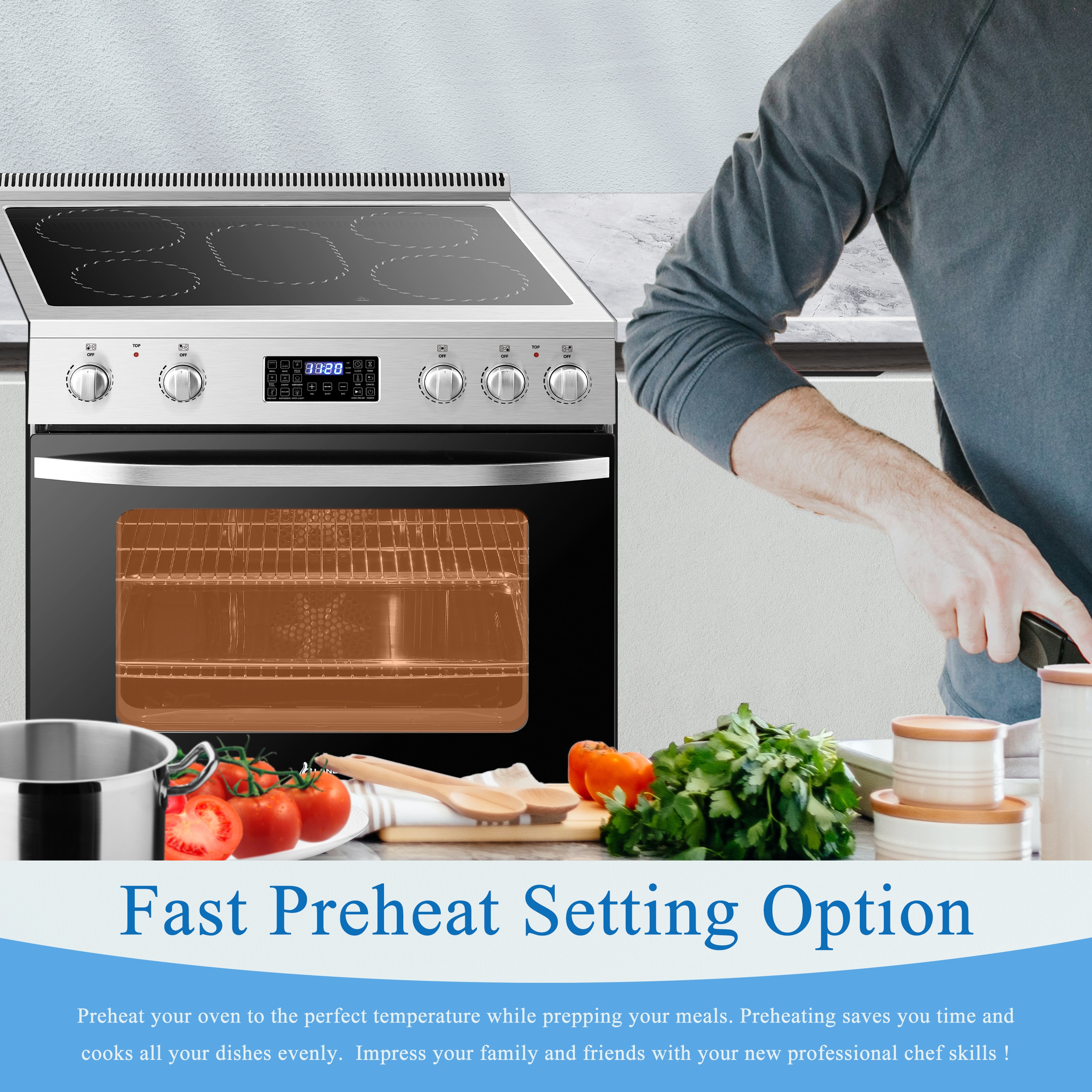 Estufa eléctrica independiente con horno de convección y freidora de aire de 5 quemadores y 5.9 pies cúbicos con tapa de vidrio de 30 pulgadas (Acero inoxidable) - LB-ERT30RC-S