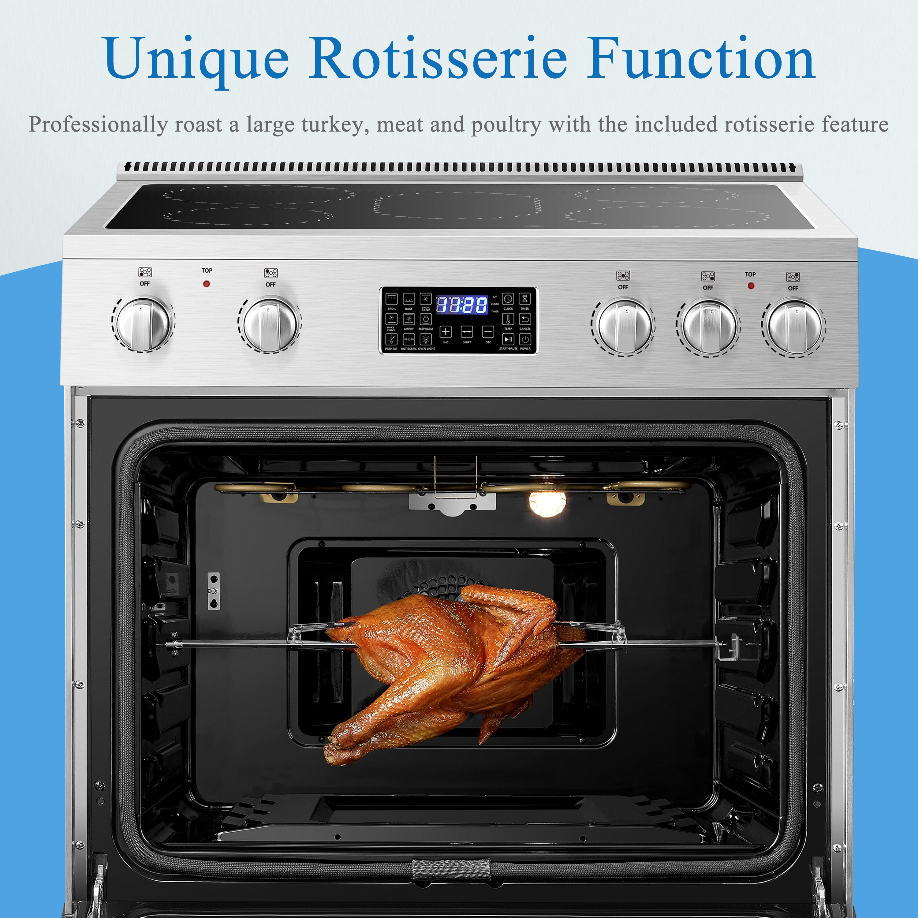 Estufa eléctrica independiente con horno de convección y freidora de aire de 5 quemadores y 5.9 pies cúbicos con tapa de vidrio de 30 pulgadas (Acero inoxidable) - LB-ERT30RC-S