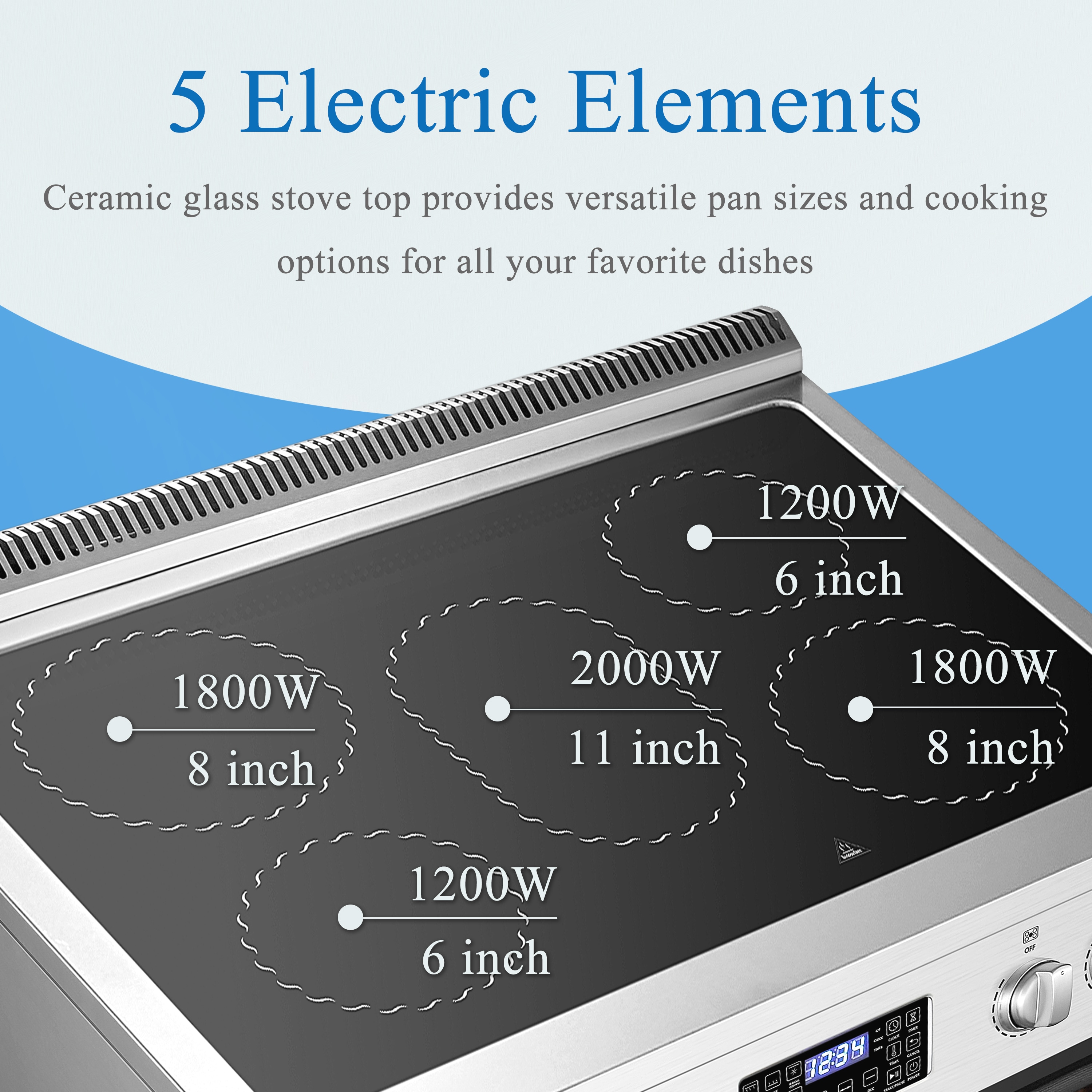 Estufa eléctrica independiente con horno de convección y freidora de aire de 5 quemadores y 5.9 pies cúbicos con tapa de vidrio de 30 pulgadas (Acero inoxidable) - LB-ERT30RC-S