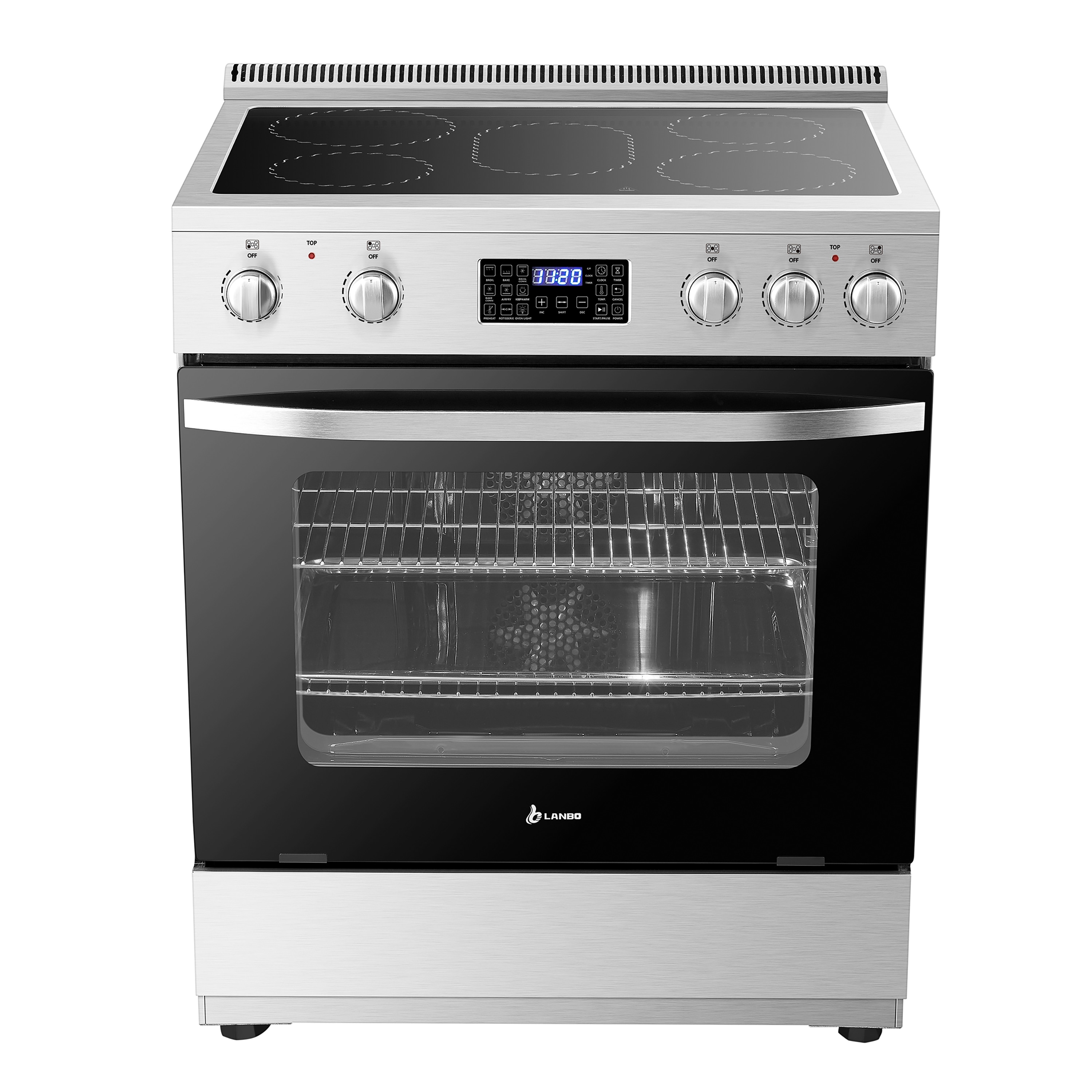 Estufa eléctrica independiente con horno de convección y freidora de aire de 5 quemadores y 5.9 pies cúbicos con tapa de vidrio de 30 pulgadas (Acero inoxidable) - LB-ERT30RC-S