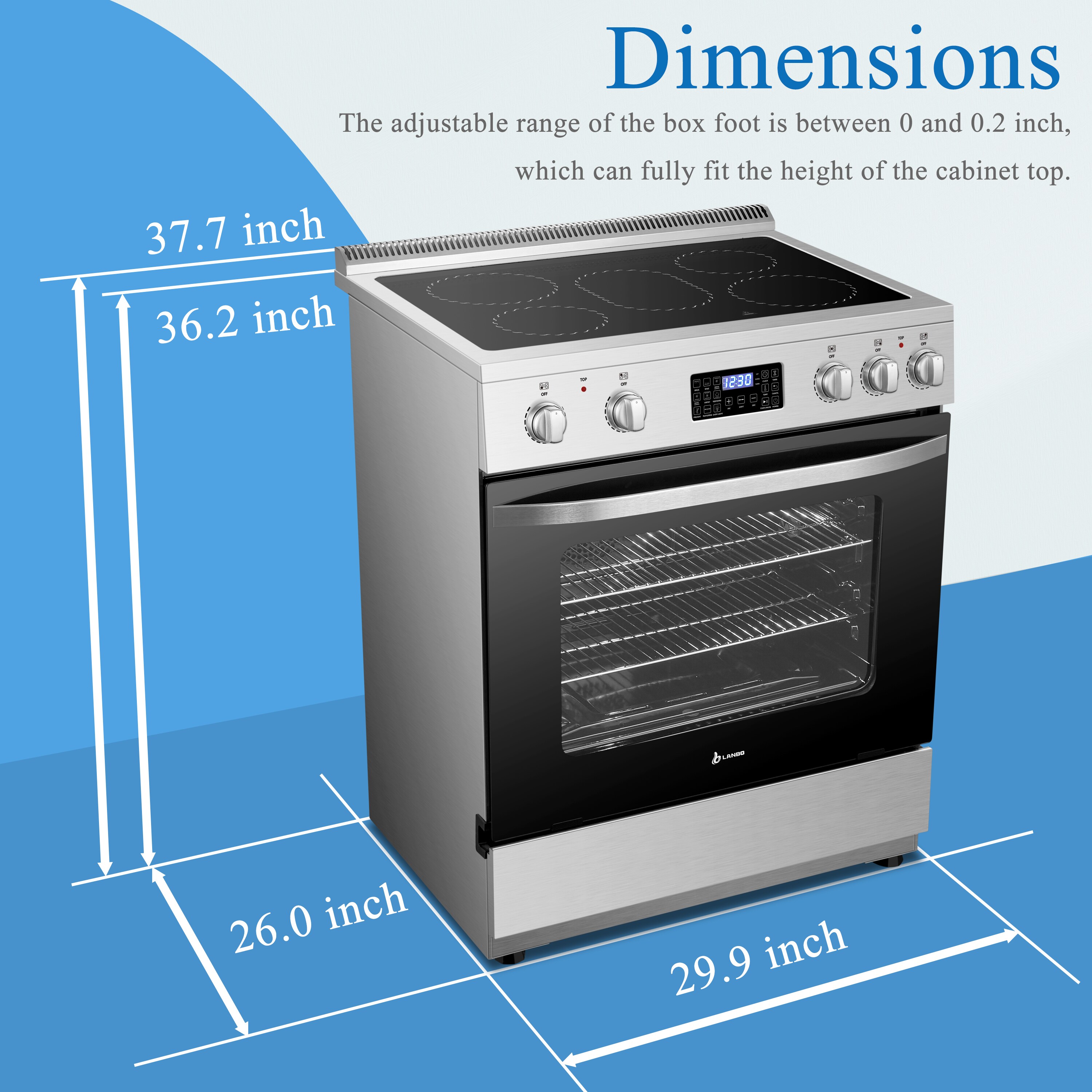 Estufa eléctrica independiente con horno de convección y freidora de aire de 5 quemadores y 5.9 pies cúbicos con tapa de vidrio de 30 pulgadas (Acero inoxidable) - LB-ERT30RC-S