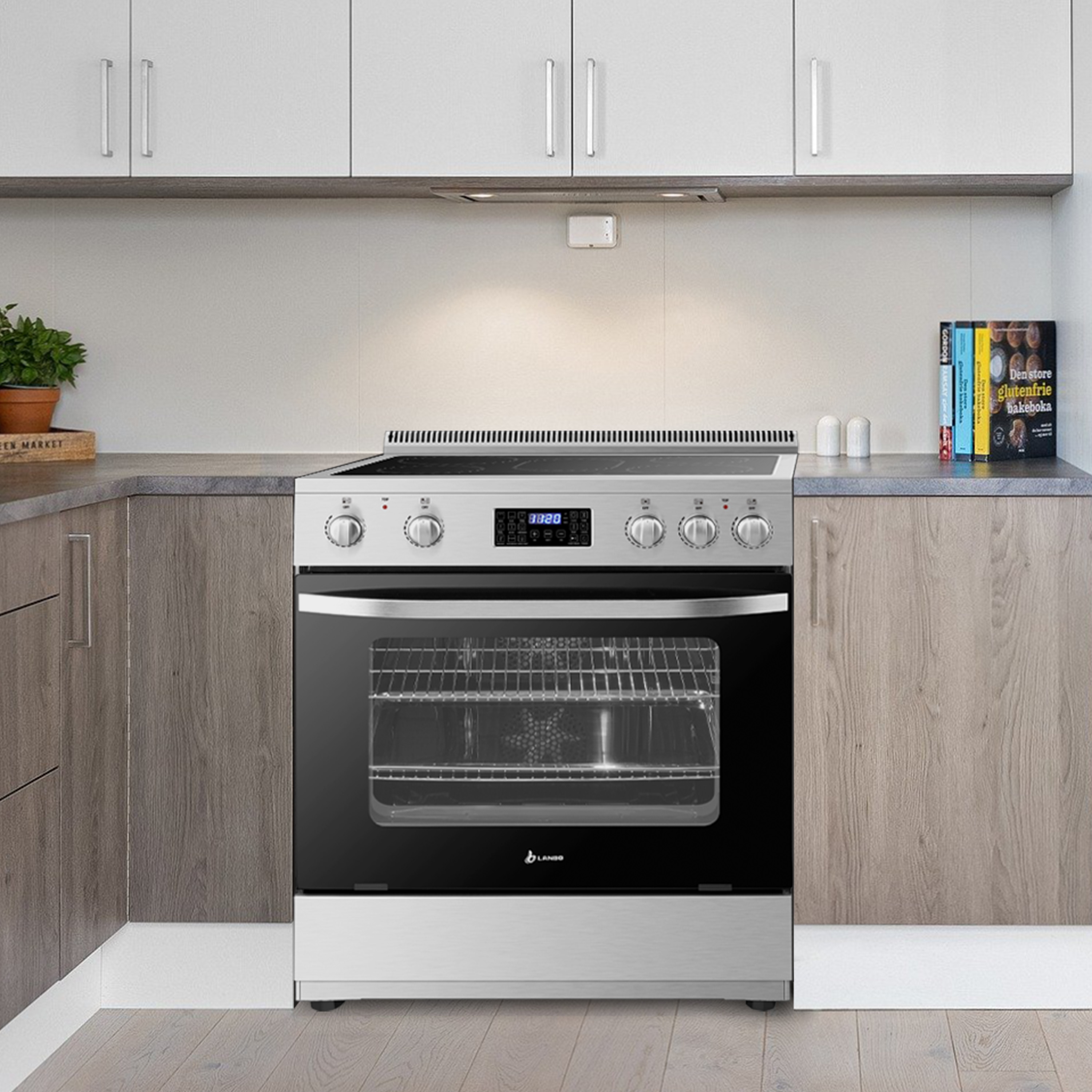 Estufa eléctrica independiente con horno de convección y freidora de aire de 5 quemadores y 5.9 pies cúbicos con tapa de vidrio de 30 pulgadas (Acero inoxidable) - LB-ERT30RC-S