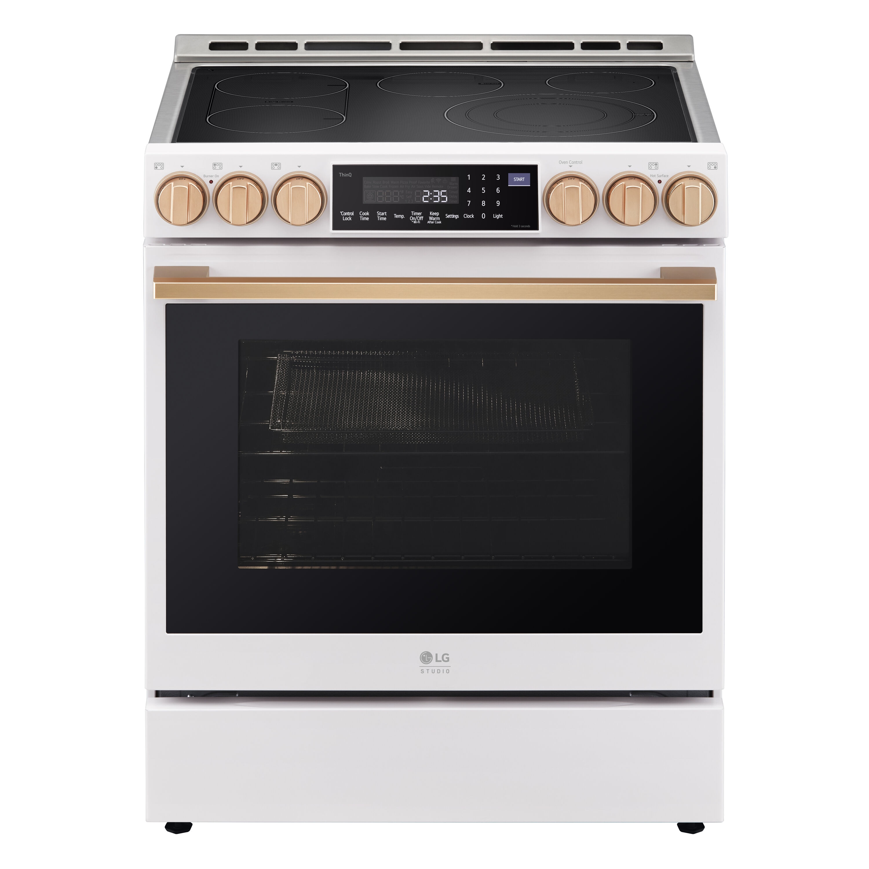 Estufa eléctrica independiente LG STUDIO de 30 pulgadas con tapa de vidrio, 5 quemadores, 6.3 pies cúbicos y función de freír al aire (Blanco Esencia) LSES6338N