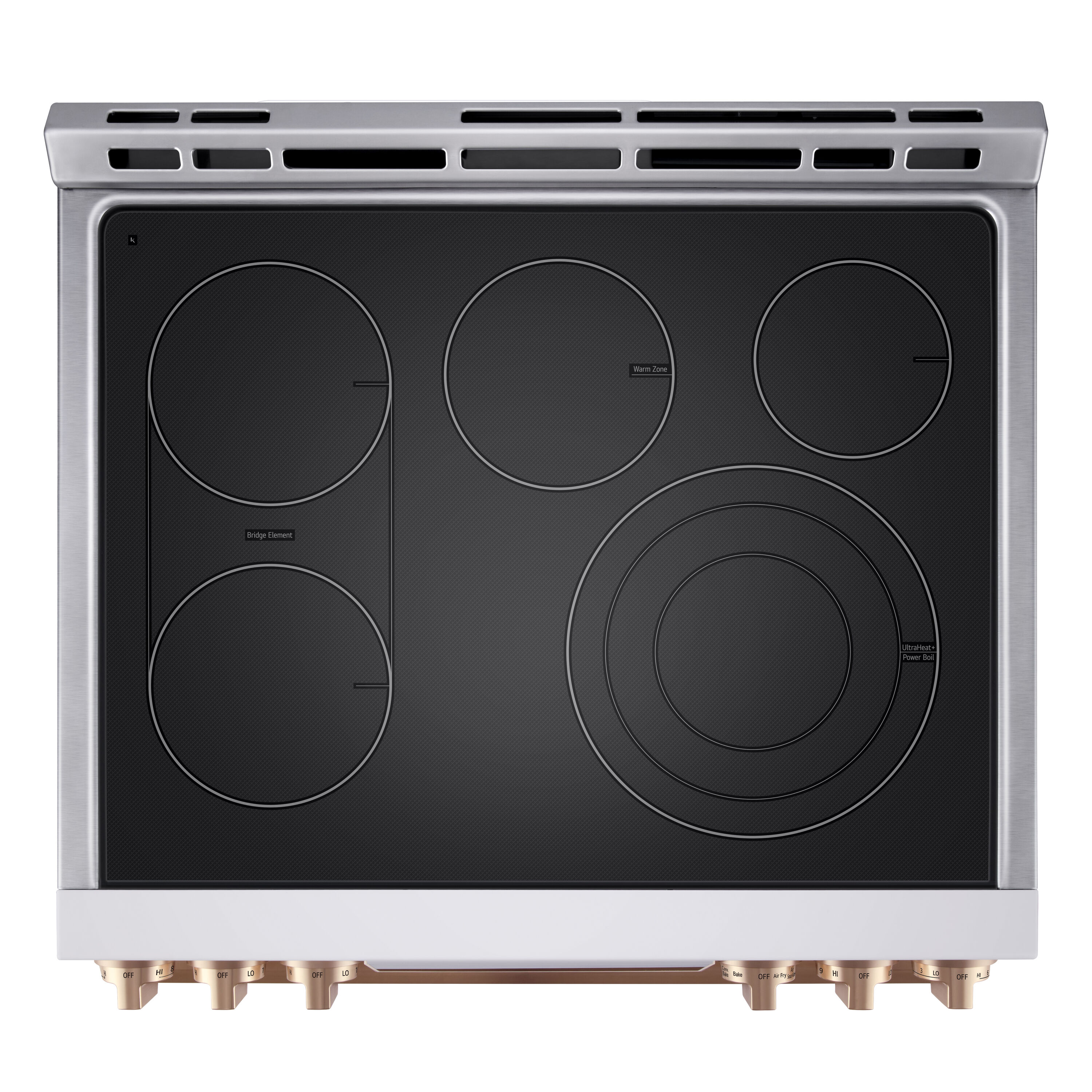 Estufa eléctrica independiente LG STUDIO de 30 pulgadas con tapa de vidrio, 5 quemadores, 6.3 pies cúbicos y función de freír al aire (Blanco Esencia) LSES6338N