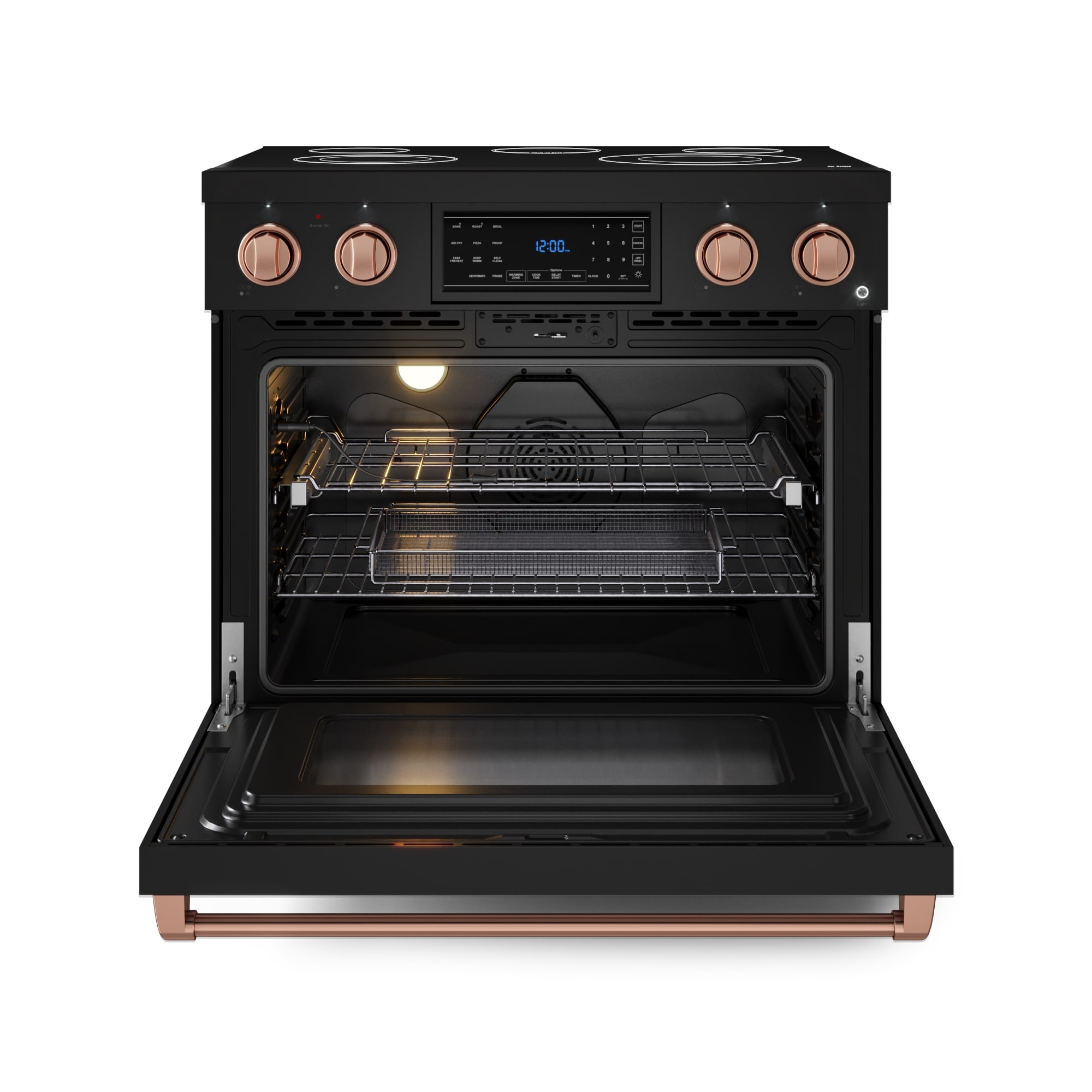 Estufa eléctrica independiente con horno de convección de freír al aire de 6 pies cúbicos y 5 quemadores, con tapa de vidrio de 36 pulgadas (negro mate)