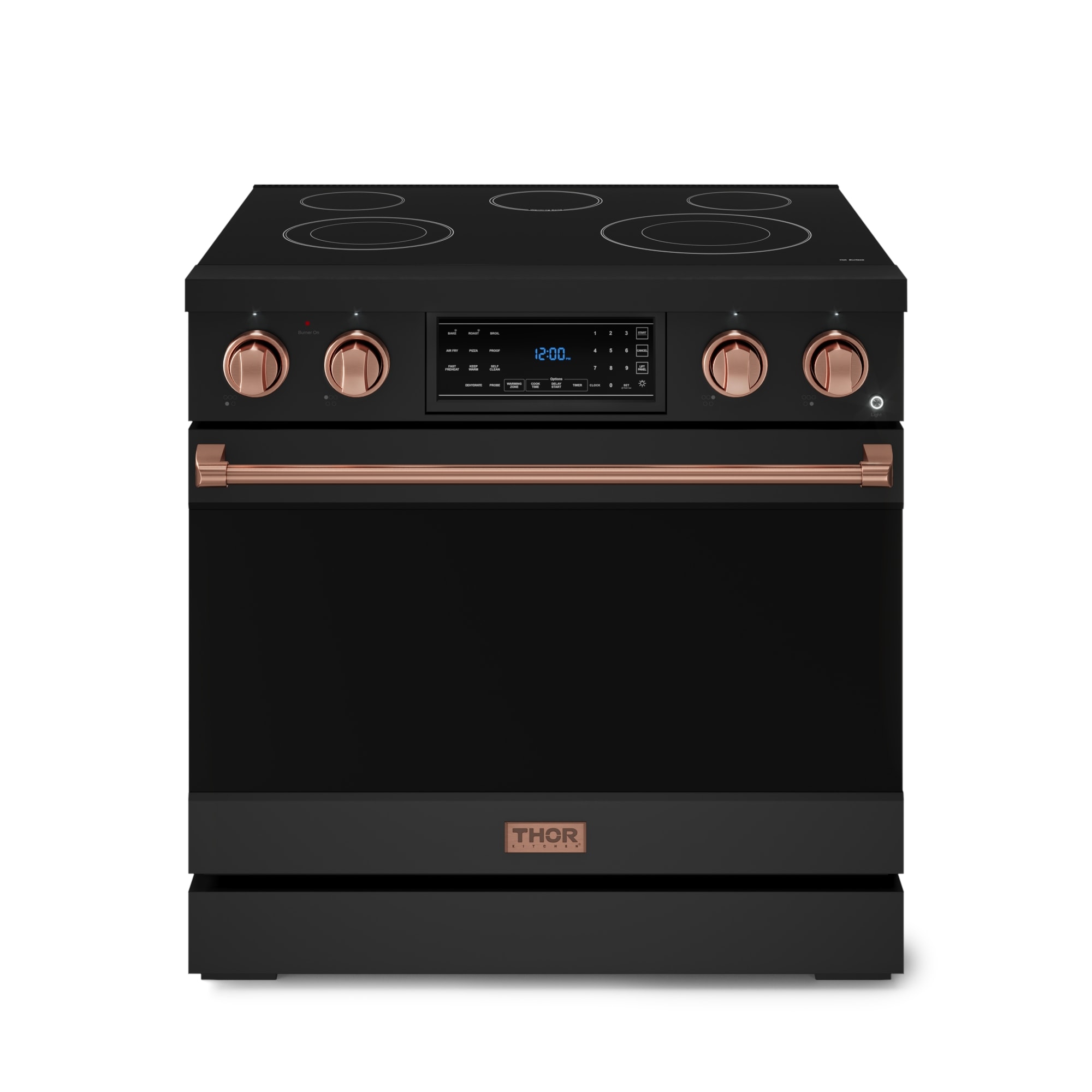Estufa eléctrica independiente con horno de convección de freír al aire de 6 pies cúbicos y 5 quemadores, con tapa de vidrio de 36 pulgadas (negro mate)