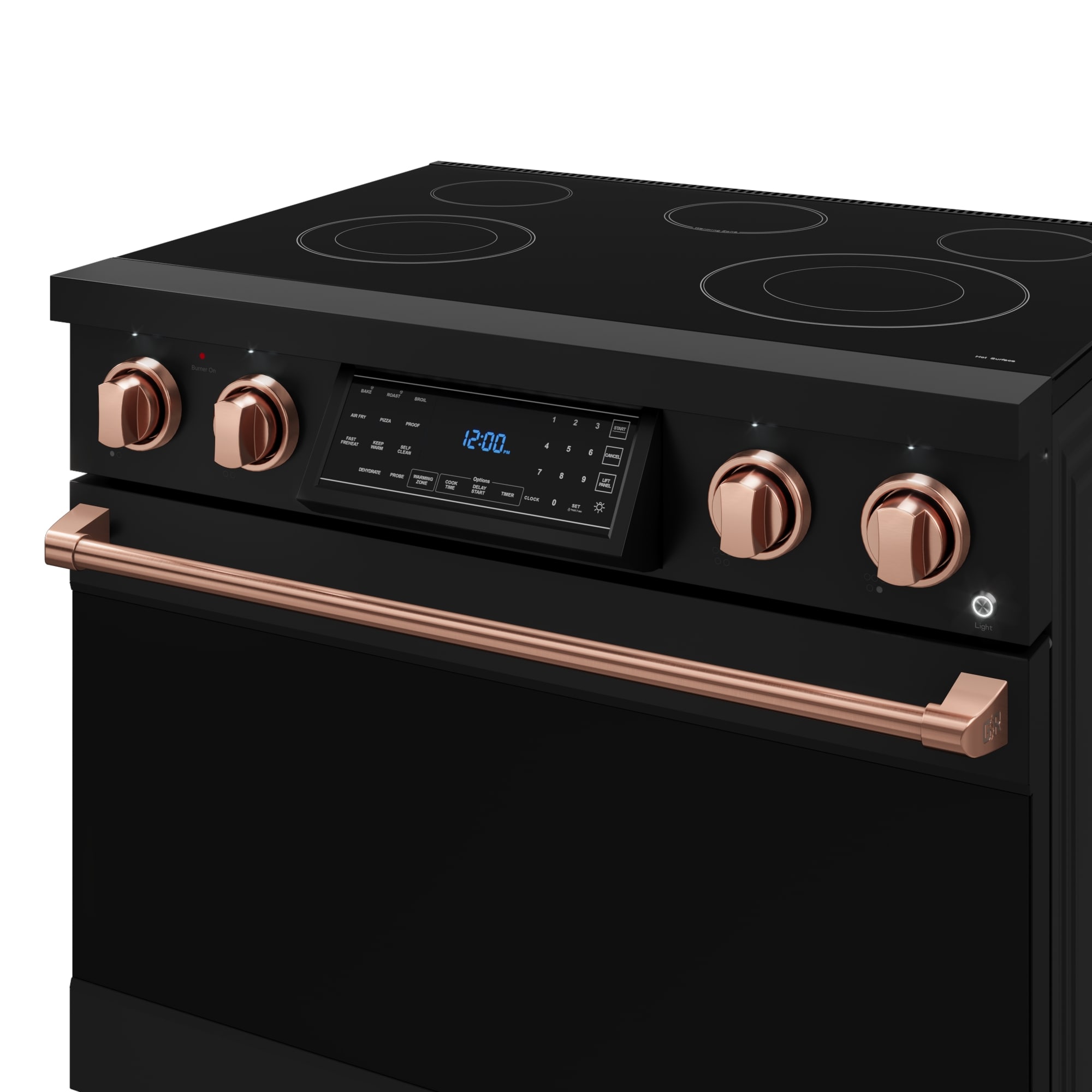 Estufa eléctrica independiente con horno de convección de freír al aire de 6 pies cúbicos y 5 quemadores, con tapa de vidrio de 36 pulgadas (negro mate)