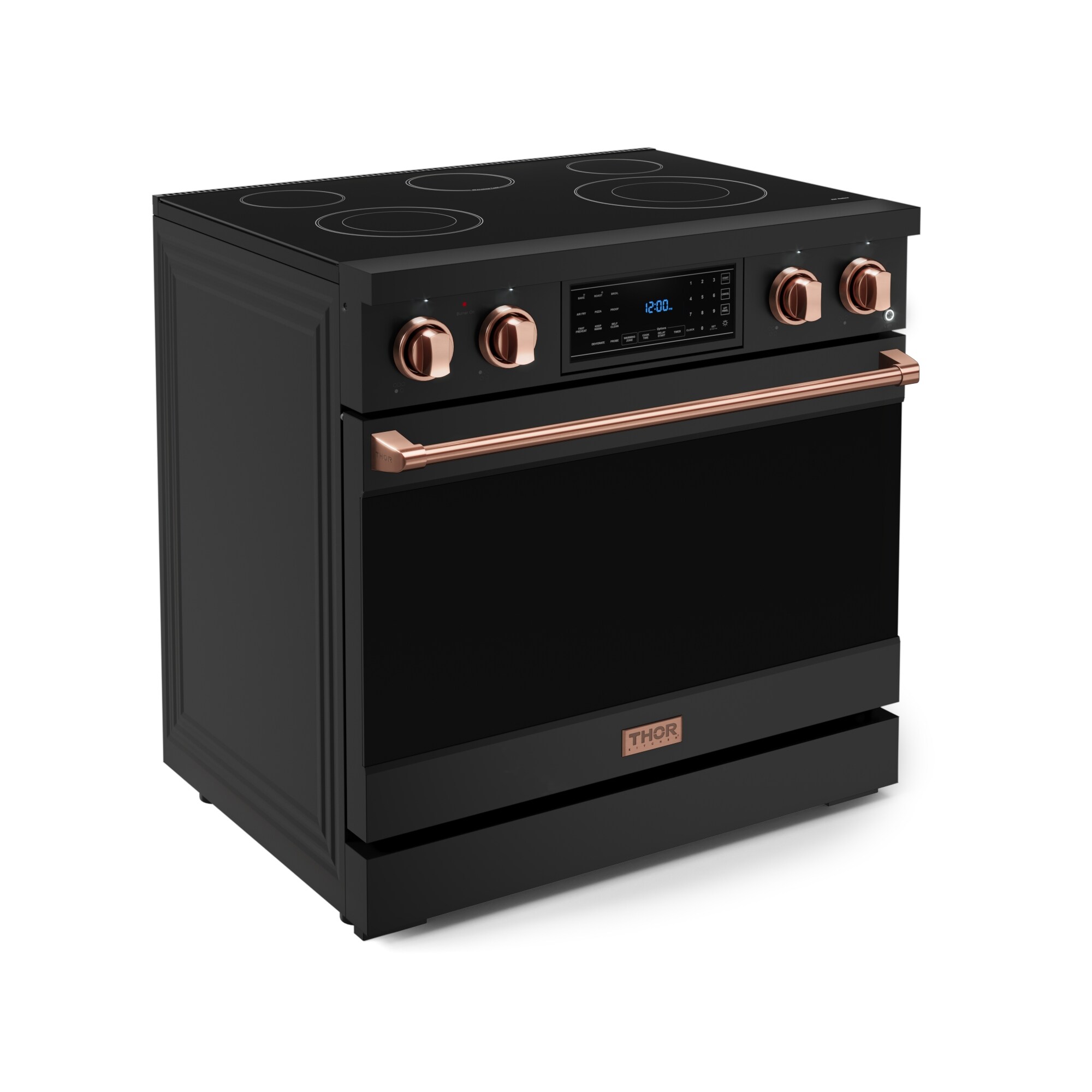 Estufa eléctrica independiente con horno de convección de freír al aire de 6 pies cúbicos y 5 quemadores, con tapa de vidrio de 36 pulgadas (negro mate)