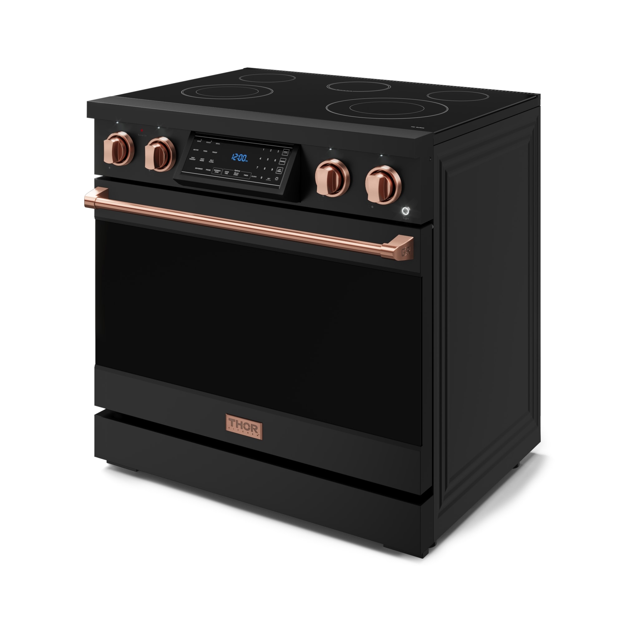 Estufa eléctrica independiente con horno de convección de freír al aire de 6 pies cúbicos y 5 quemadores, con tapa de vidrio de 36 pulgadas (negro mate)