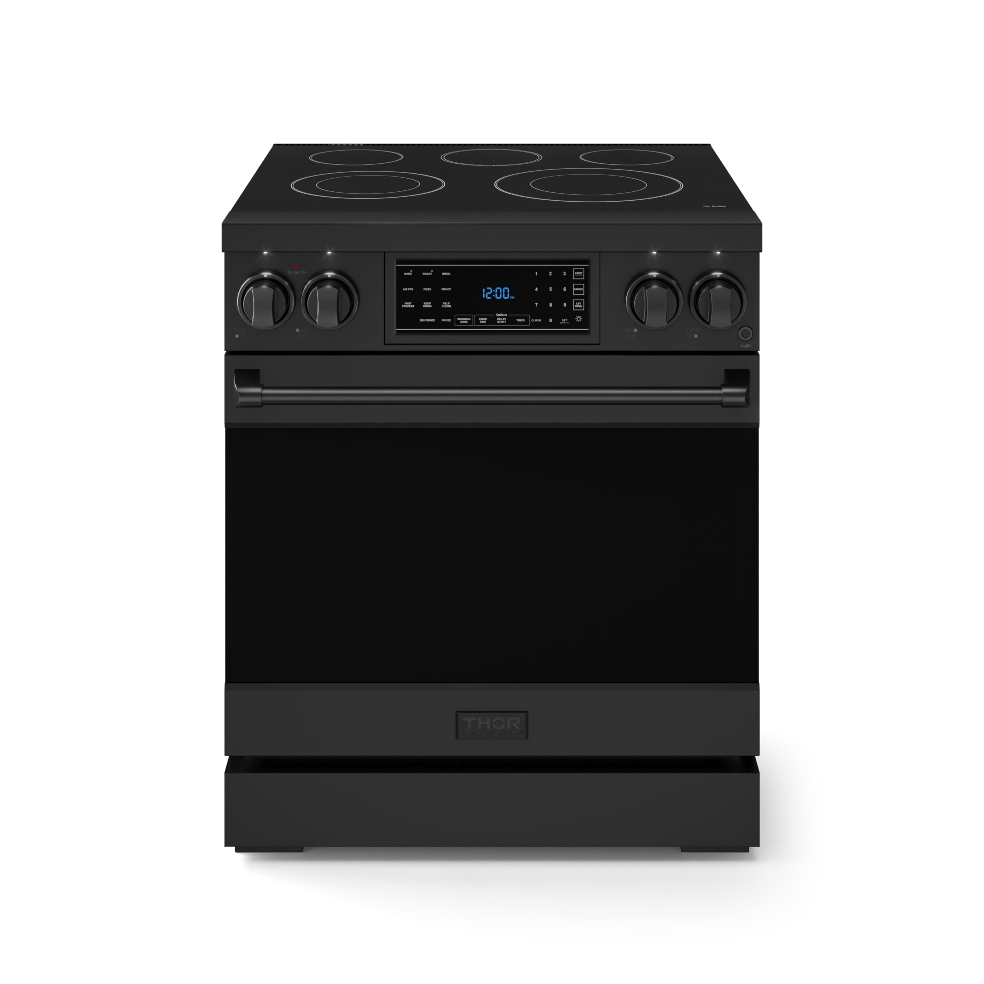 Estufa eléctrica independiente con horno de convección y freidora de aire, quemadores de vidrio de 30 pulgadas Thor Kitchen (Negro mate)