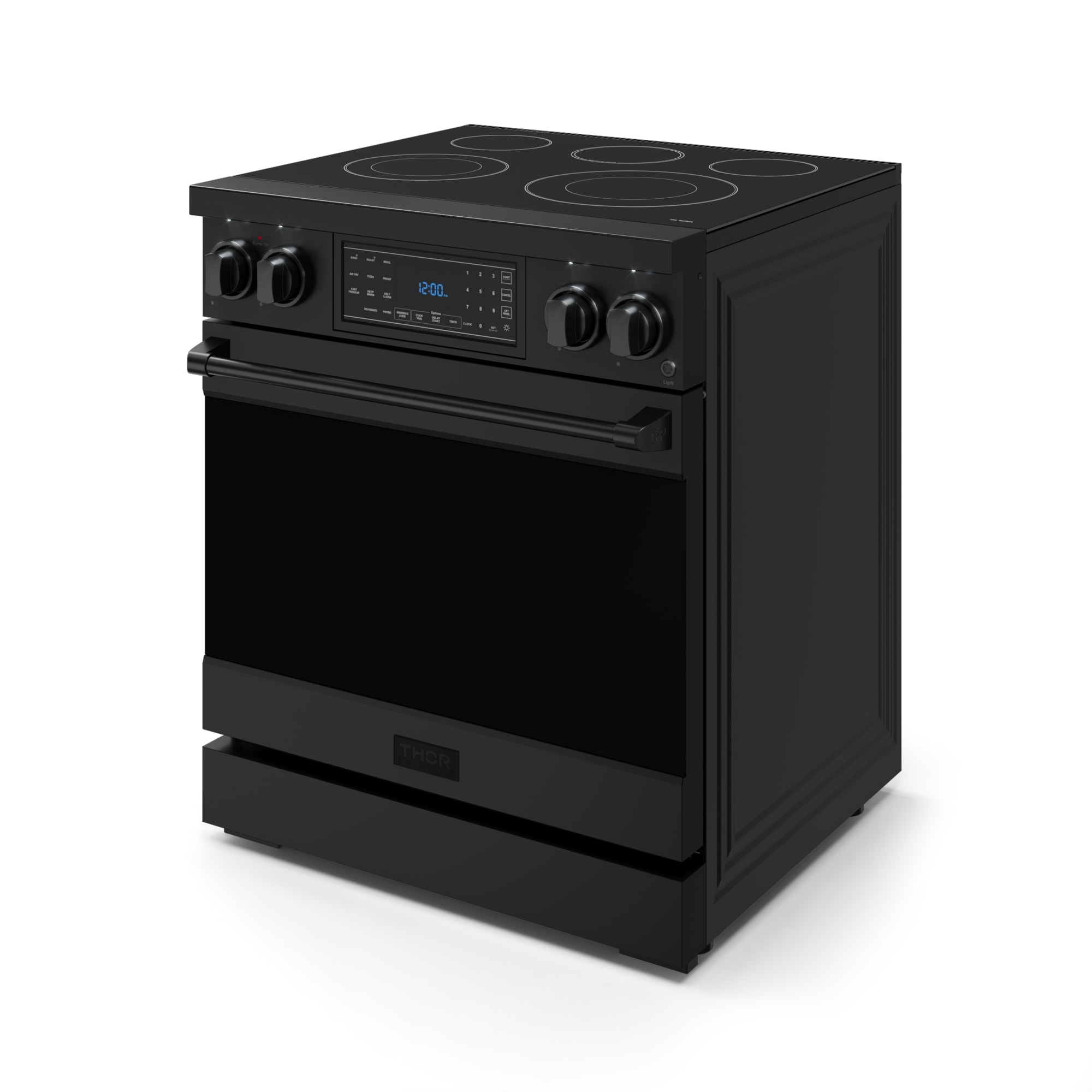 Estufa eléctrica independiente con horno de convección y freidora de aire, quemadores de vidrio de 30 pulgadas Thor Kitchen (Negro mate)