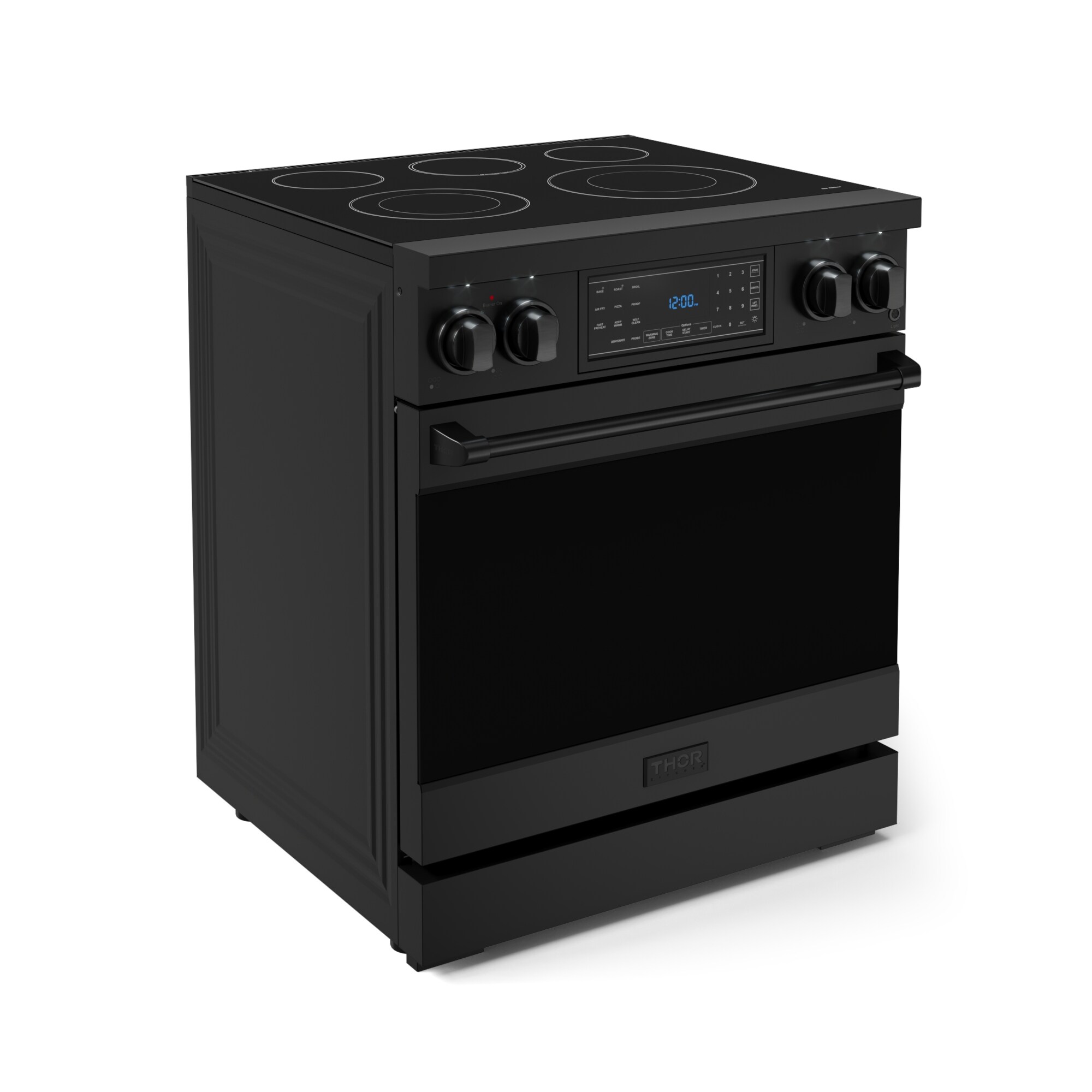 Estufa eléctrica independiente con horno de convección y freidora de aire, quemadores de vidrio de 30 pulgadas Thor Kitchen (Negro mate)