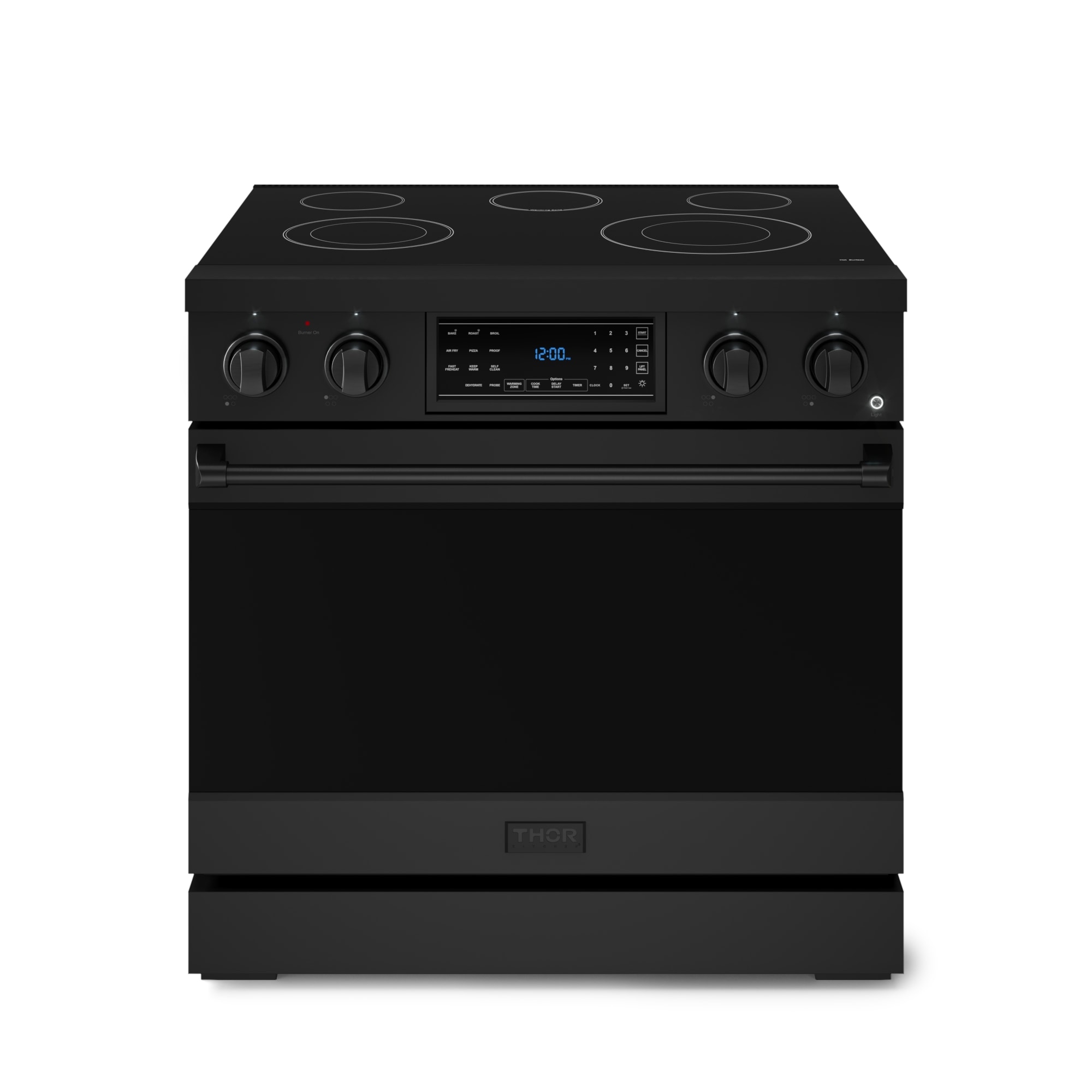 Estufa eléctrica independiente Thor Kitchen Gordon Ramsay de 36 pulgadas con 5 quemadores de cristal, horno de convección de freidora de aire de 6 pies cúbicos (Negro Mate) RSE36B