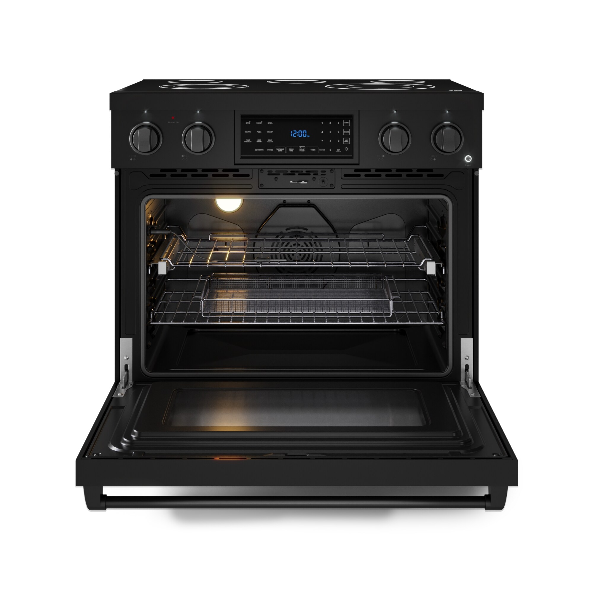Estufa eléctrica independiente Thor Kitchen Gordon Ramsay de 36 pulgadas con 5 quemadores de cristal, horno de convección de freidora de aire de 6 pies cúbicos (Negro Mate) RSE36B