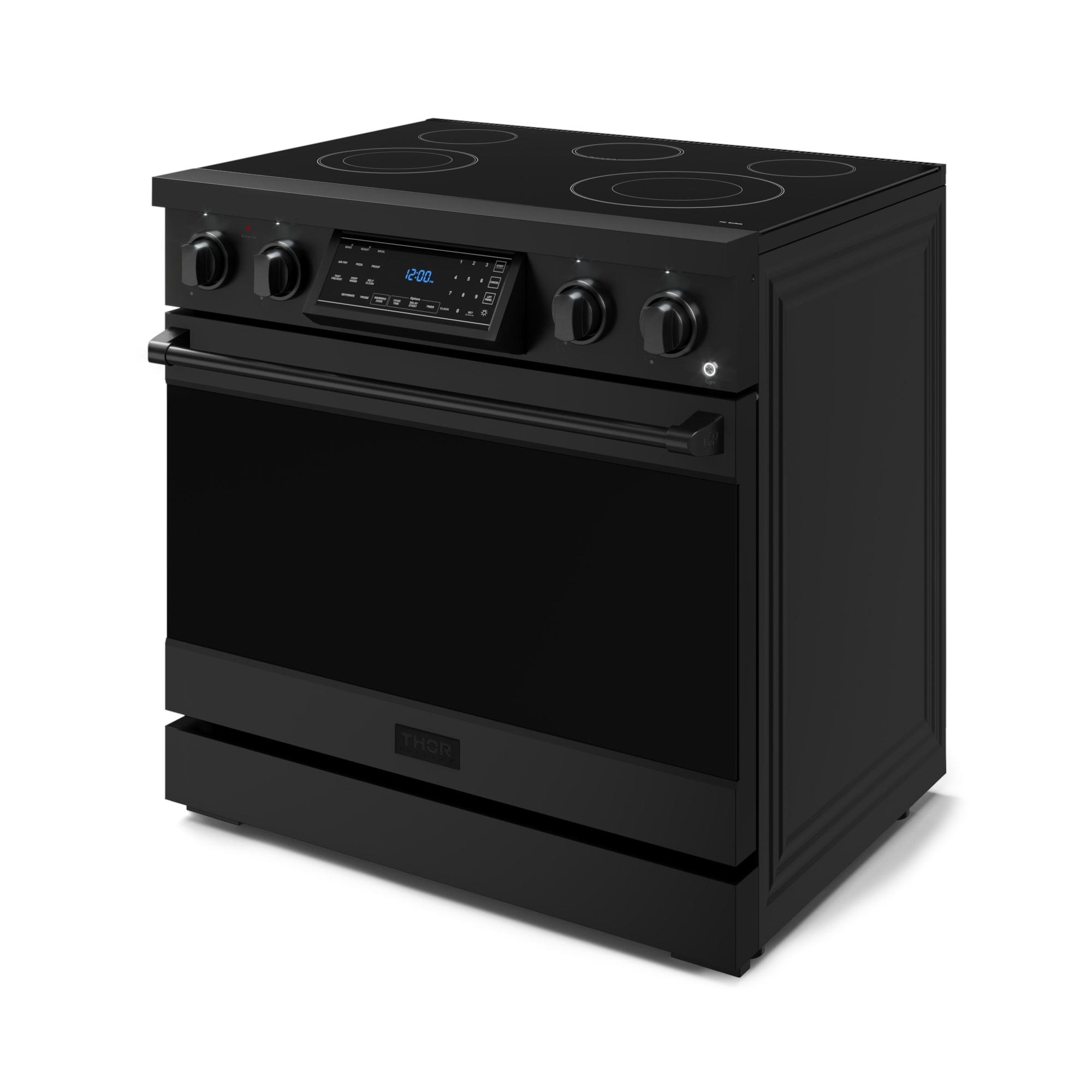Estufa eléctrica independiente Thor Kitchen Gordon Ramsay de 36 pulgadas con 5 quemadores de cristal, horno de convección de freidora de aire de 6 pies cúbicos (Negro Mate) RSE36B