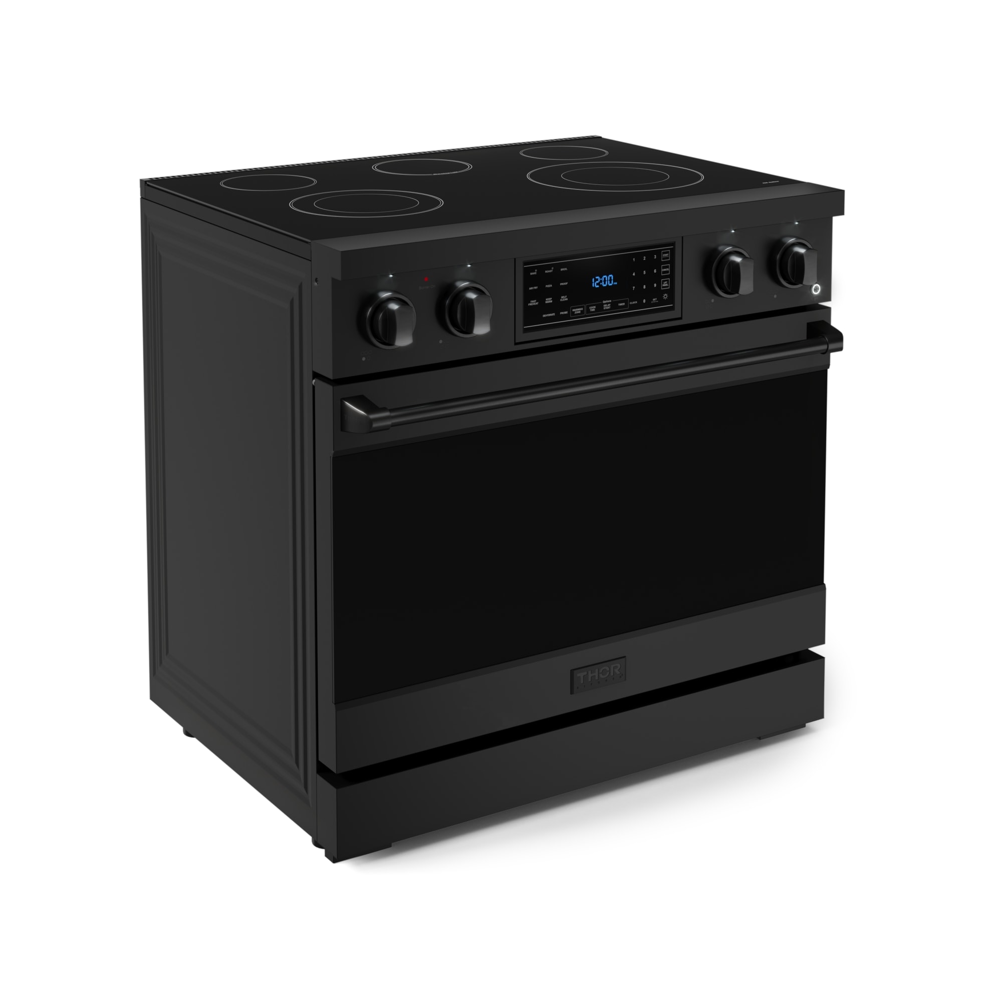 Estufa eléctrica independiente Thor Kitchen Gordon Ramsay de 36 pulgadas con 5 quemadores de cristal, horno de convección de freidora de aire de 6 pies cúbicos (Negro Mate) RSE36B