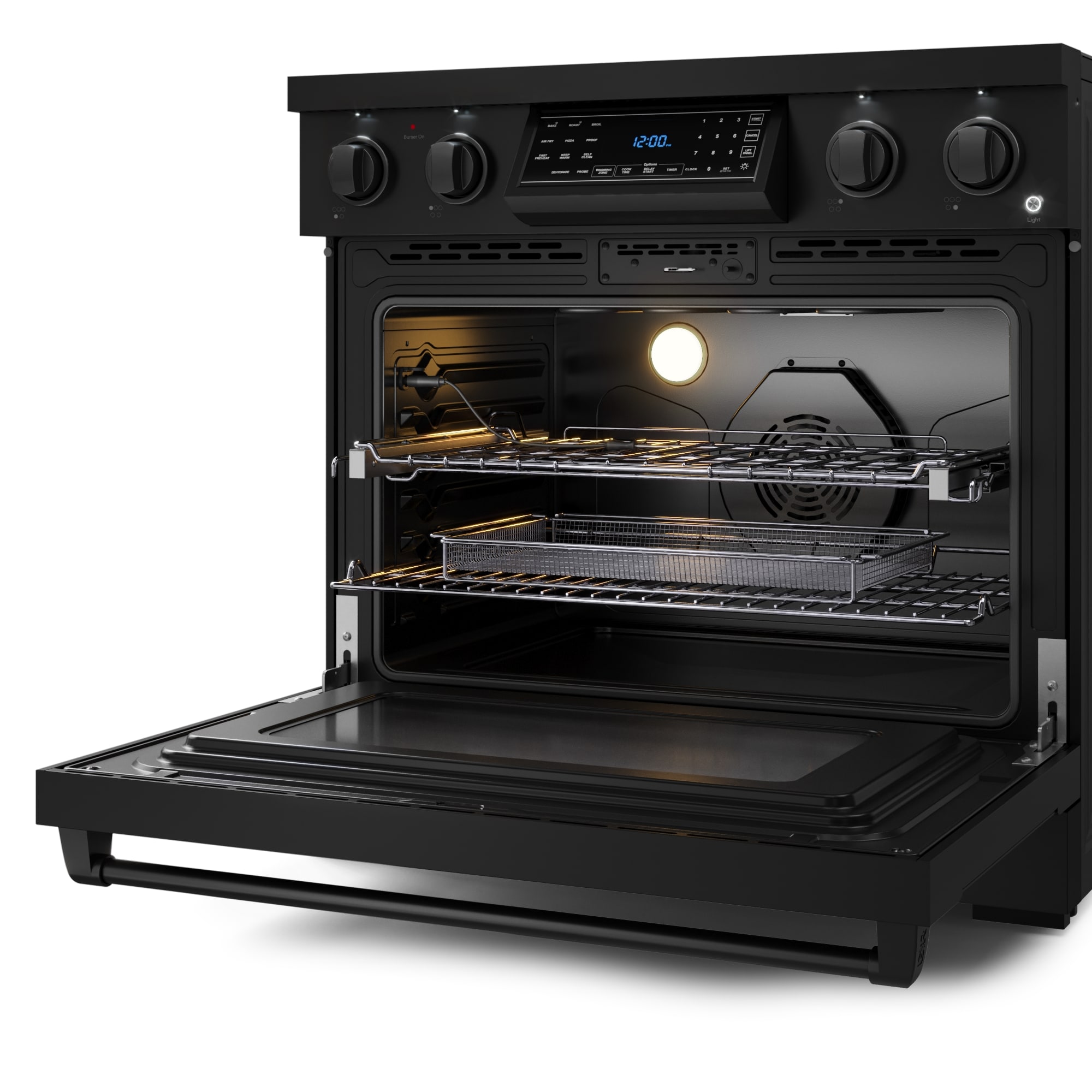 Estufa eléctrica independiente Thor Kitchen Gordon Ramsay de 36 pulgadas con 5 quemadores de cristal, horno de convección de freidora de aire de 6 pies cúbicos (Negro Mate) RSE36B
