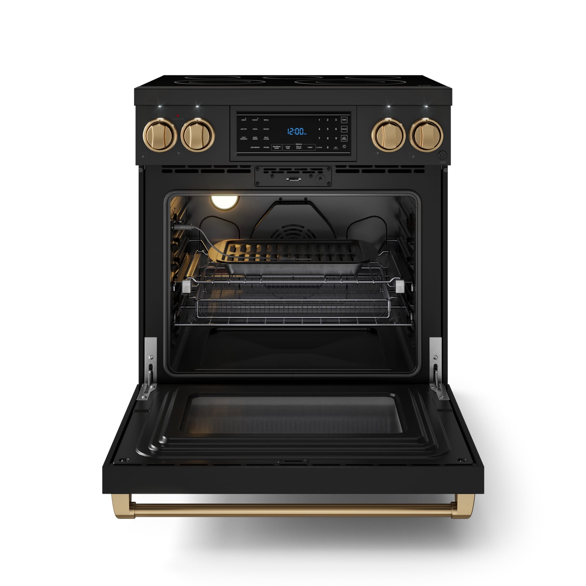 Horno eléctrico independiente de 30 pulgadas con cubierta de vidrio, 5 quemadores, horno de convección con aire fry de 4.55 pies cúbicos, estilo Matte Black - Thor Kitchen Gordon Ramsay.