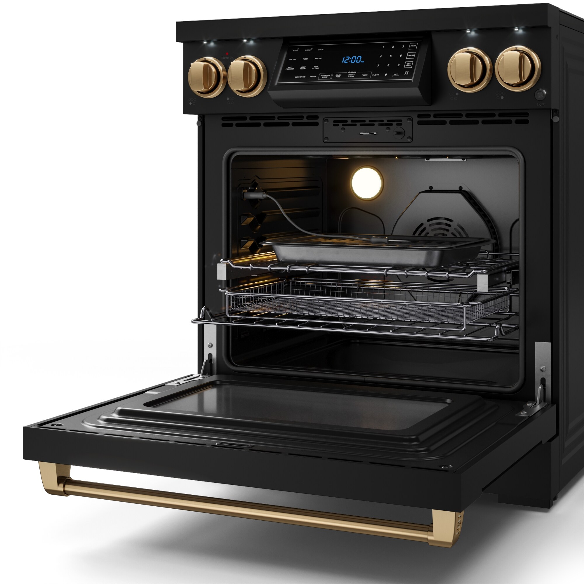 Horno eléctrico independiente de 30 pulgadas con cubierta de vidrio, 5 quemadores, horno de convección con aire fry de 4.55 pies cúbicos, estilo Matte Black - Thor Kitchen Gordon Ramsay.