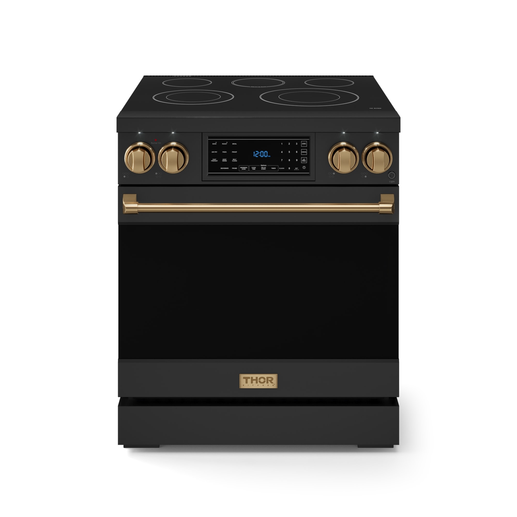 Horno eléctrico independiente de 30 pulgadas con cubierta de vidrio, 5 quemadores, horno de convección con aire fry de 4.55 pies cúbicos, estilo Matte Black - Thor Kitchen Gordon Ramsay.