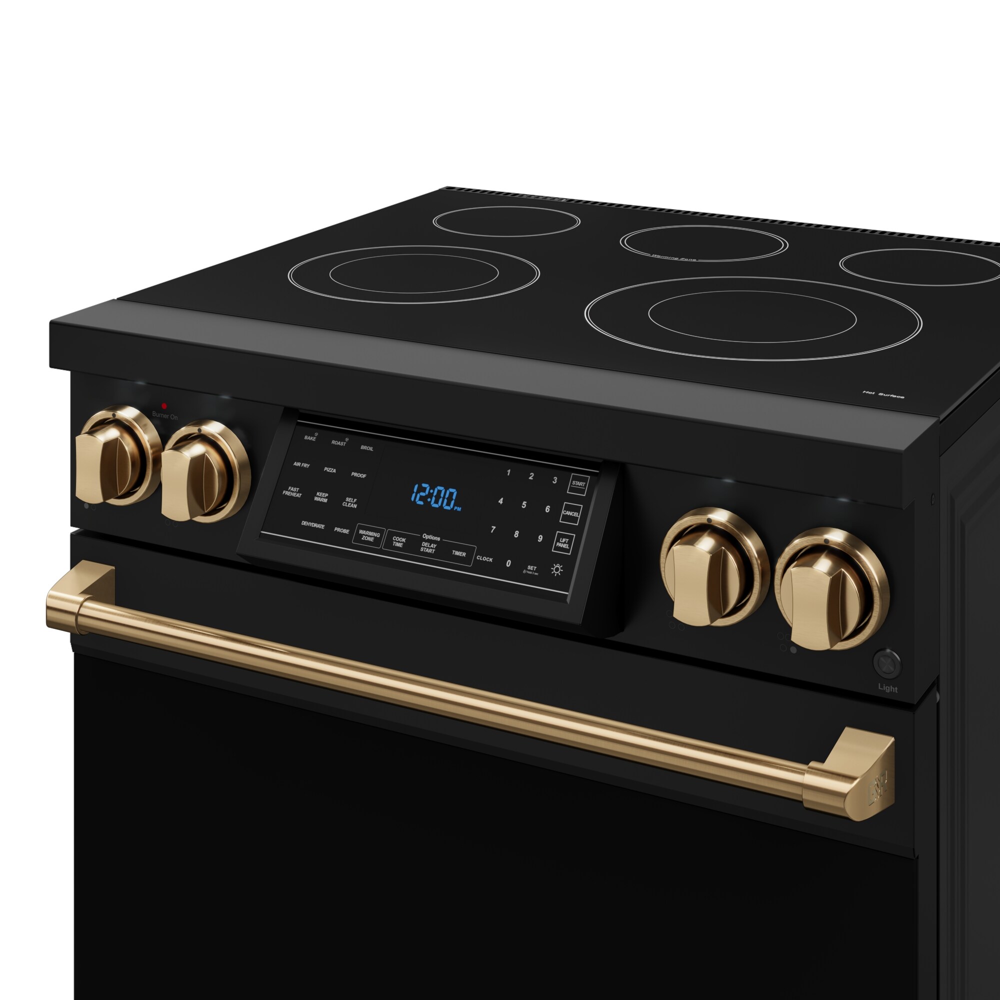 Horno eléctrico independiente de 30 pulgadas con cubierta de vidrio, 5 quemadores, horno de convección con aire fry de 4.55 pies cúbicos, estilo Matte Black - Thor Kitchen Gordon Ramsay.