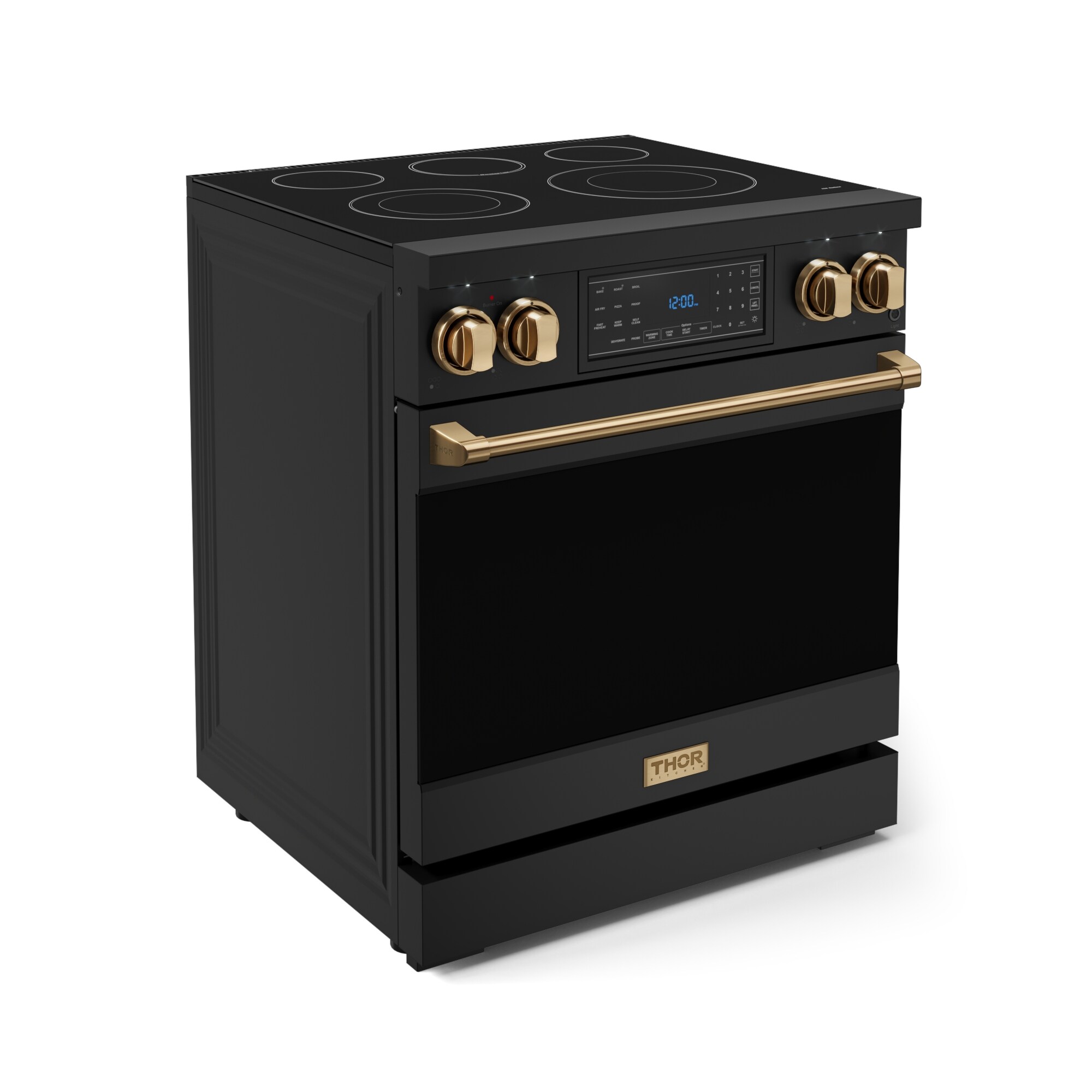 Horno eléctrico independiente de 30 pulgadas con cubierta de vidrio, 5 quemadores, horno de convección con aire fry de 4.55 pies cúbicos, estilo Matte Black - Thor Kitchen Gordon Ramsay.