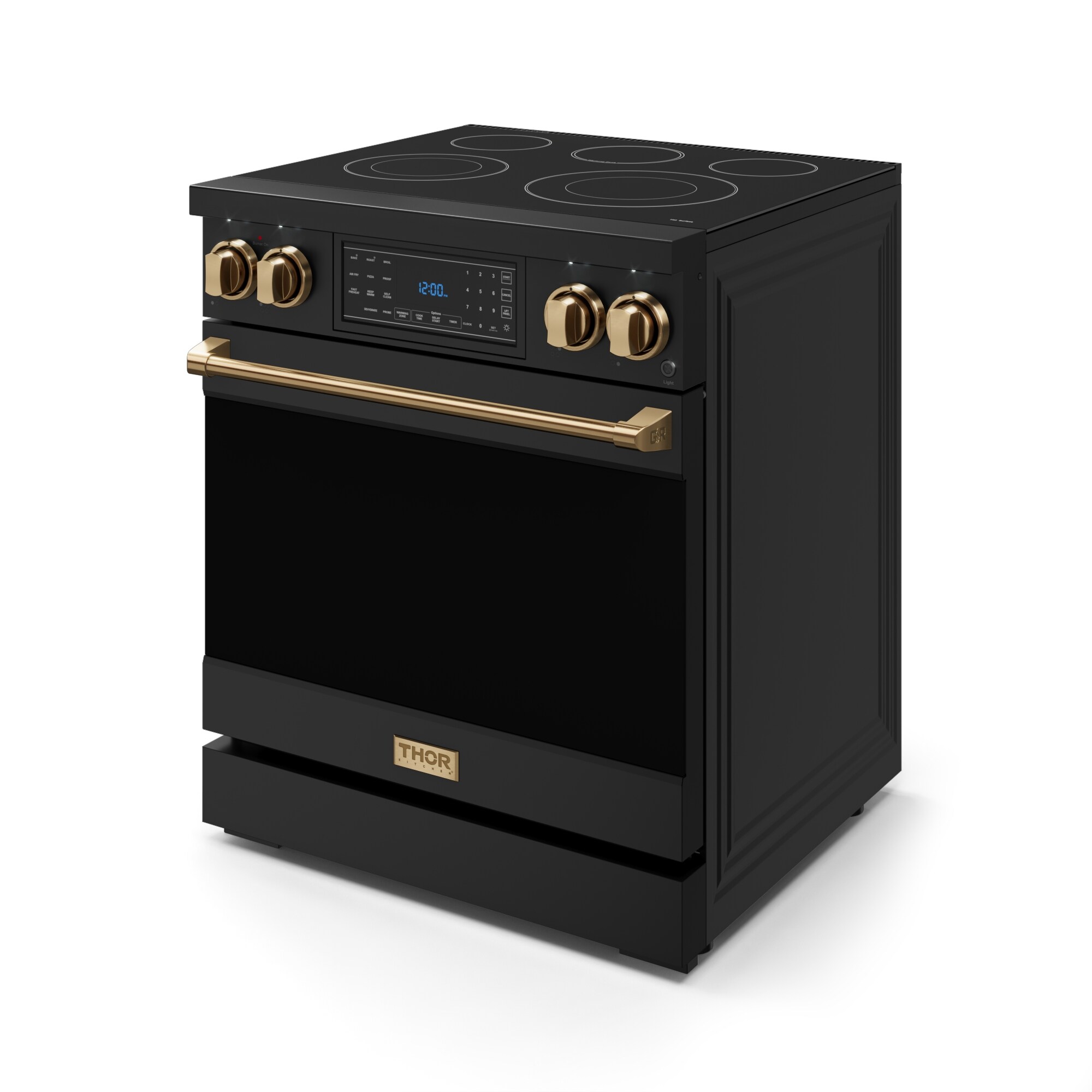 Horno eléctrico independiente de 30 pulgadas con cubierta de vidrio, 5 quemadores, horno de convección con aire fry de 4.55 pies cúbicos, estilo Matte Black - Thor Kitchen Gordon Ramsay.