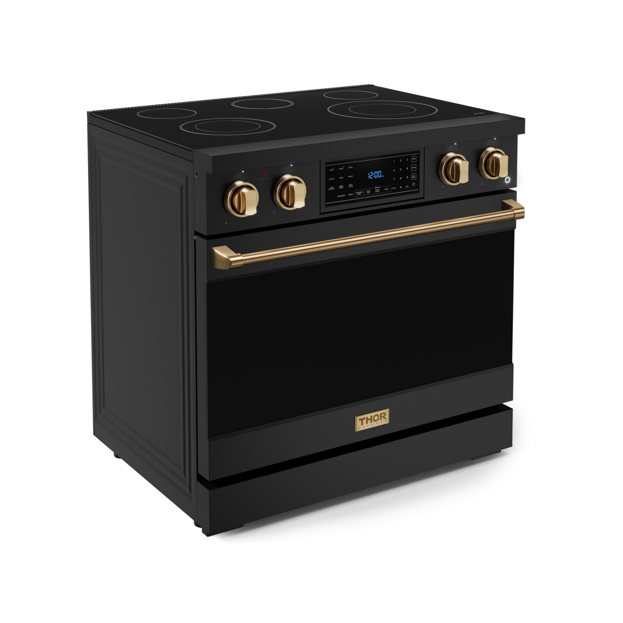 Parrilla eléctrica independiente para horno de convección con freidora de aire de 6 pies cúbicos y 5 quemadores en vidrio de 36 pulgadas, estilo Matte Black de Thor Kitchen Gordon Ramsay.