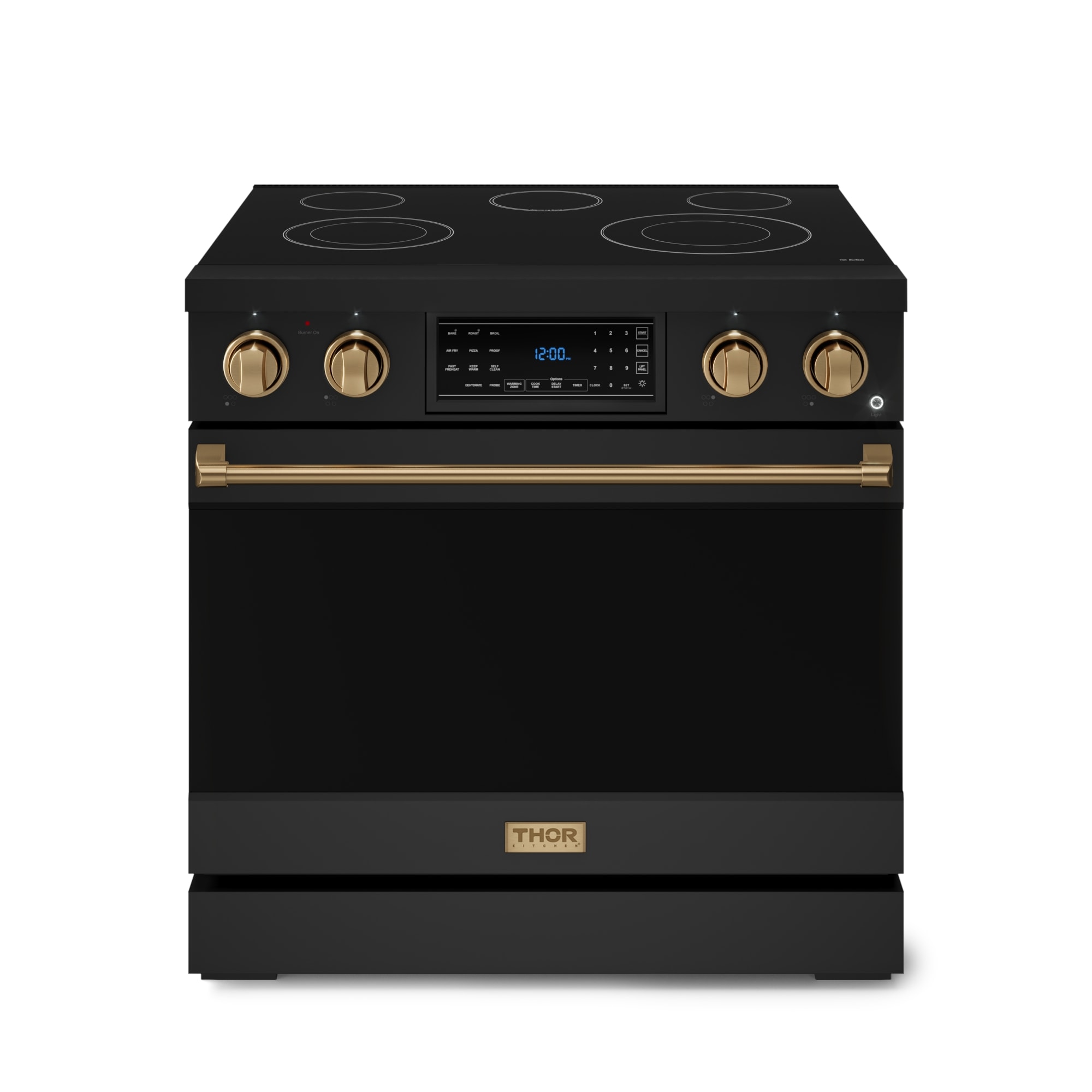 Parrilla eléctrica independiente para horno de convección con freidora de aire de 6 pies cúbicos y 5 quemadores en vidrio de 36 pulgadas, estilo Matte Black de Thor Kitchen Gordon Ramsay.