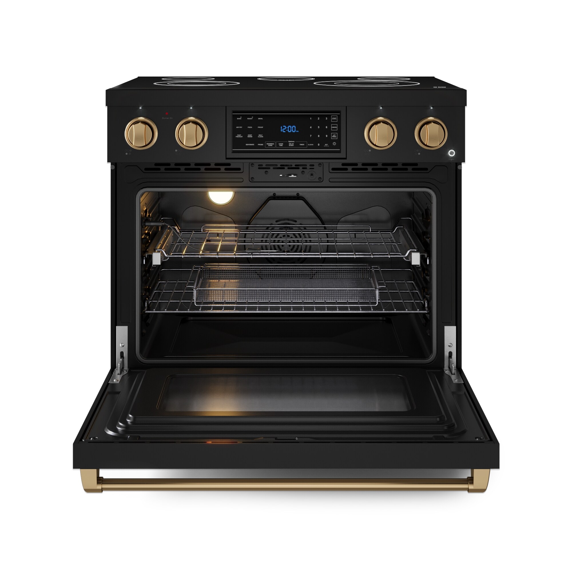 Parrilla eléctrica independiente para horno de convección con freidora de aire de 6 pies cúbicos y 5 quemadores en vidrio de 36 pulgadas, estilo Matte Black de Thor Kitchen Gordon Ramsay.