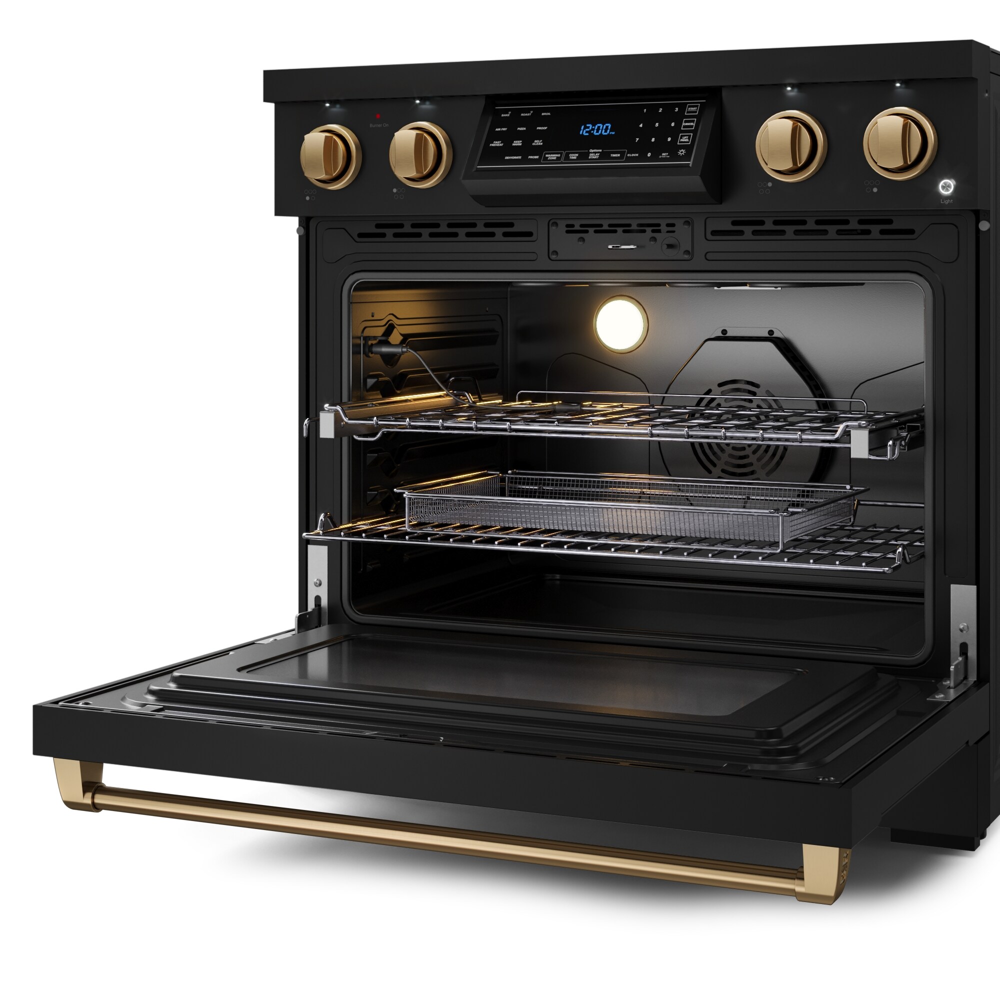 Parrilla eléctrica independiente para horno de convección con freidora de aire de 6 pies cúbicos y 5 quemadores en vidrio de 36 pulgadas, estilo Matte Black de Thor Kitchen Gordon Ramsay.