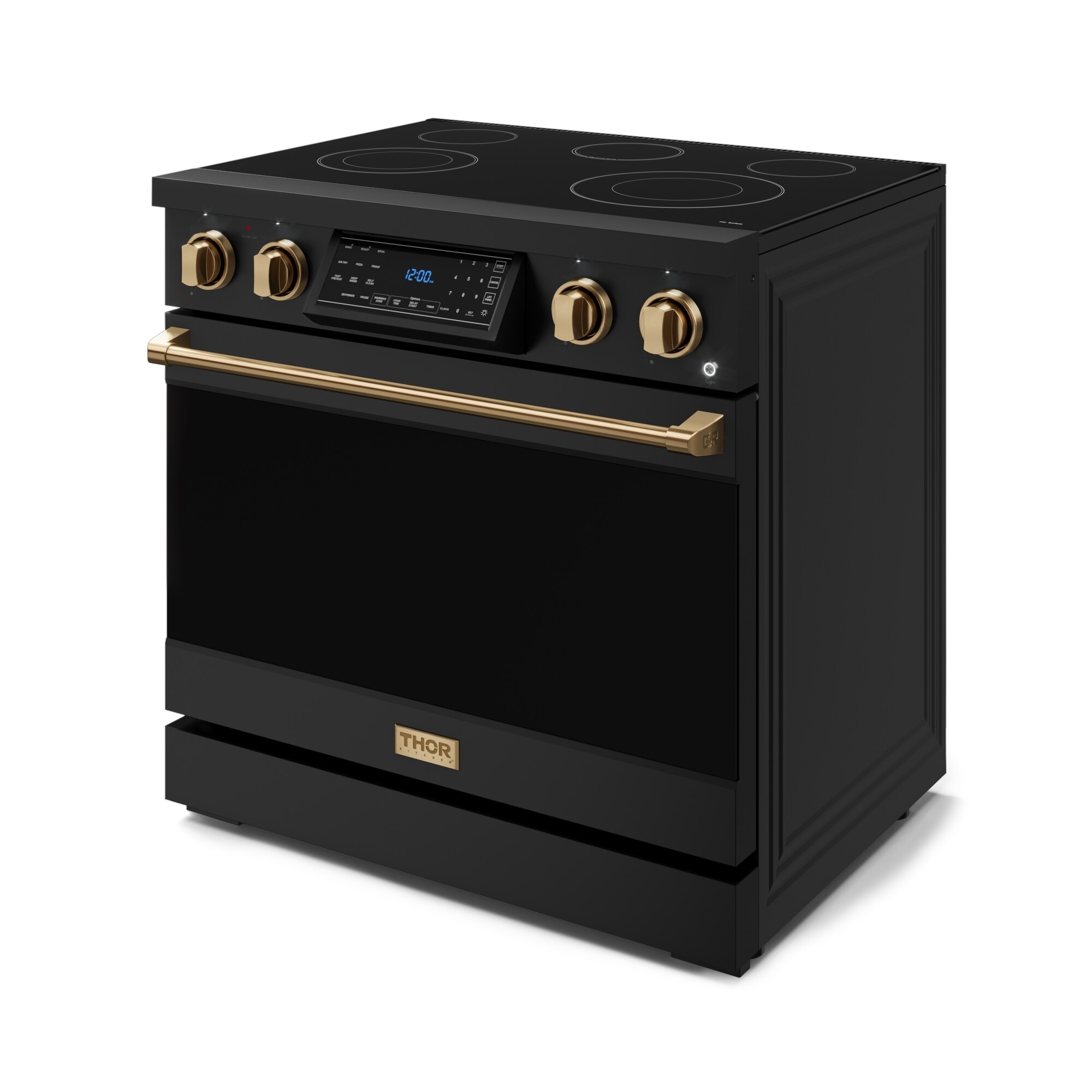 Parrilla eléctrica independiente para horno de convección con freidora de aire de 6 pies cúbicos y 5 quemadores en vidrio de 36 pulgadas, estilo Matte Black de Thor Kitchen Gordon Ramsay.