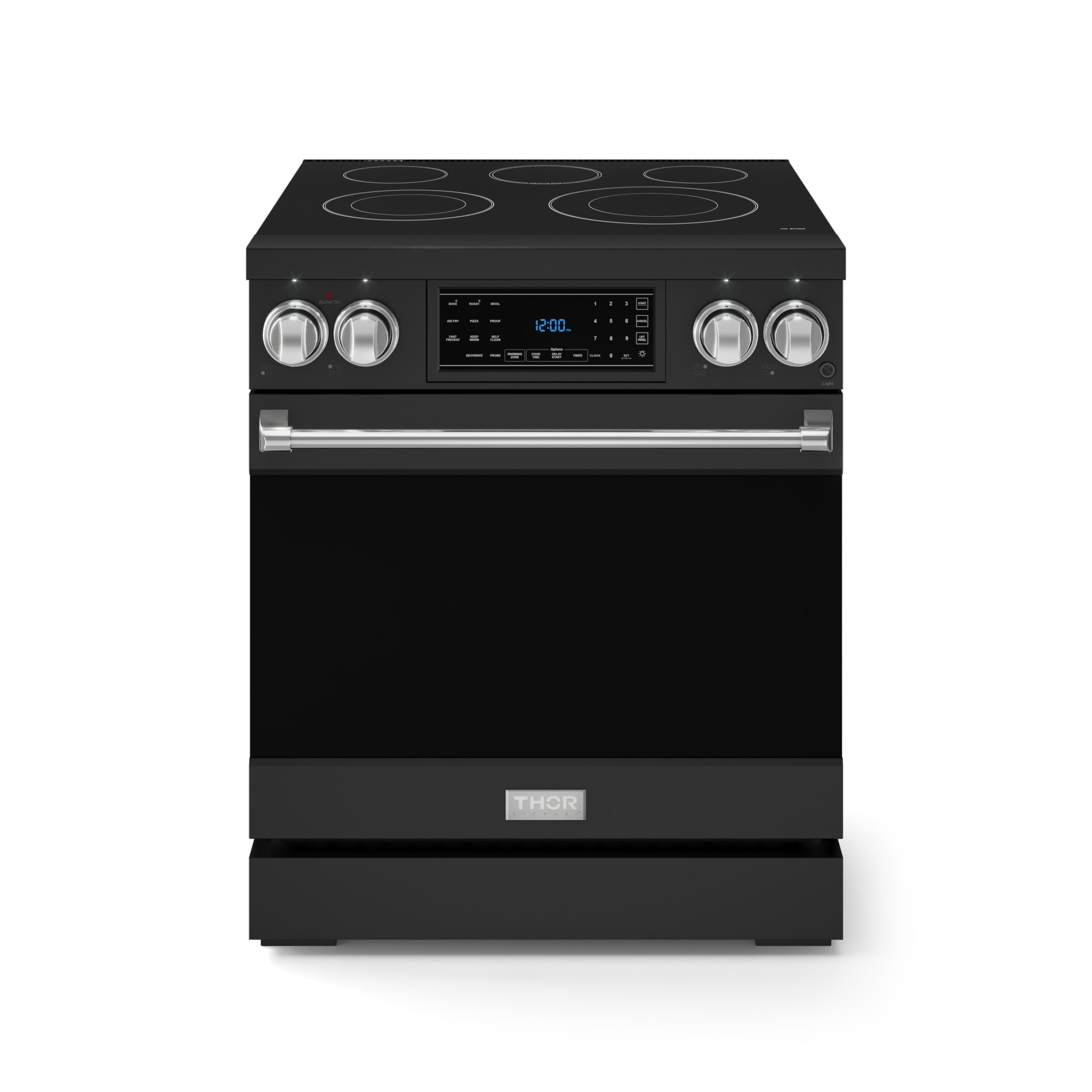 Estufa eléctrica independiente con horno de convección de aire frito, 5 quemadores y superficie de vidrio de 30 pulgadas (negro mate) Thor Kitchen RSE30B-SS