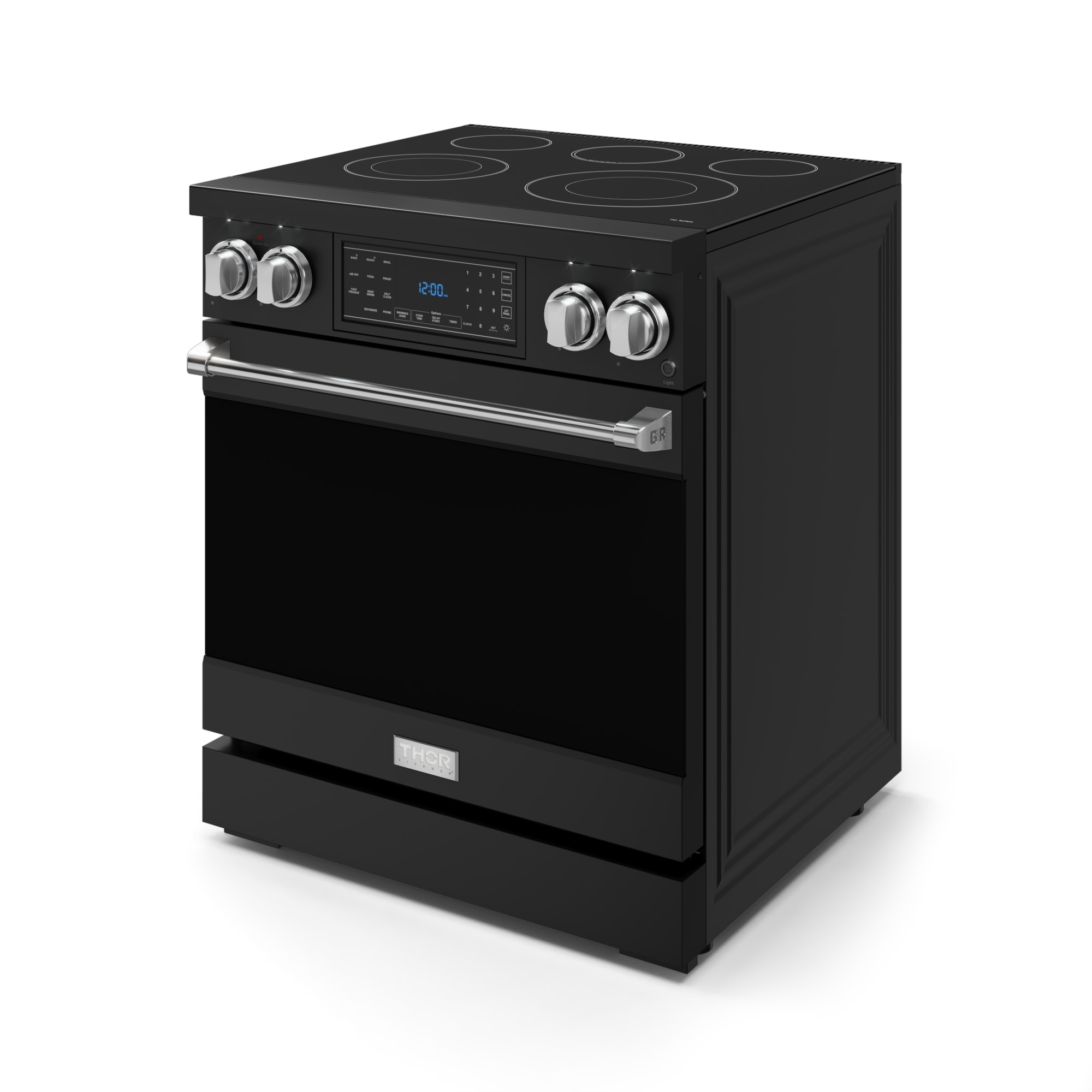 Estufa eléctrica independiente con horno de convección de aire frito, 5 quemadores y superficie de vidrio de 30 pulgadas (negro mate) Thor Kitchen RSE30B-SS